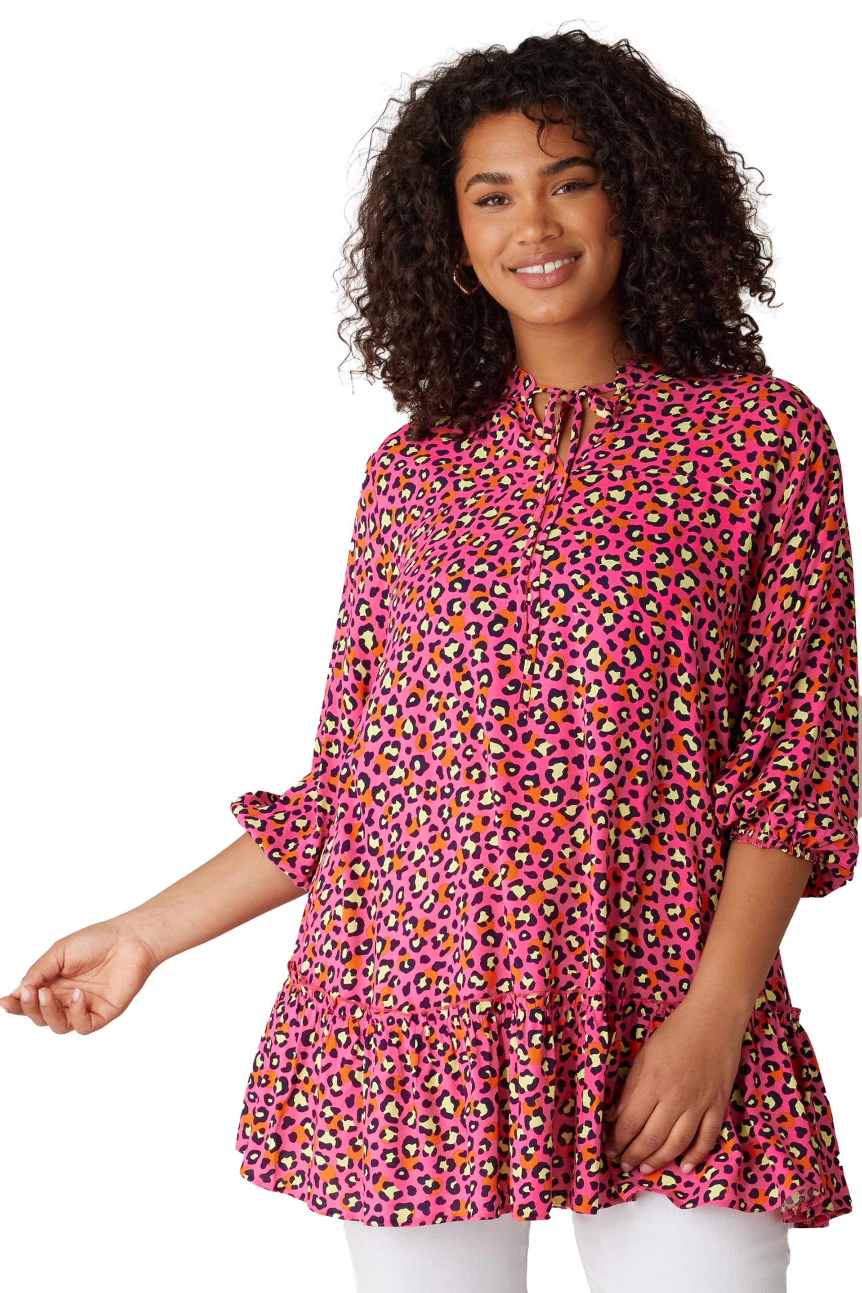 Evans Women's Pink Curve Leopard Print Tie Neck Blouse - Plus Size Curve