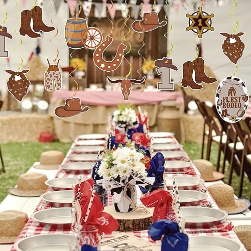 Miniatura 6 de Decoraciones de fiesta de vaquero, Mi primera fiesta de cumpleaños de rodeo para niños, suministros de fiesta temática occidental, espirales