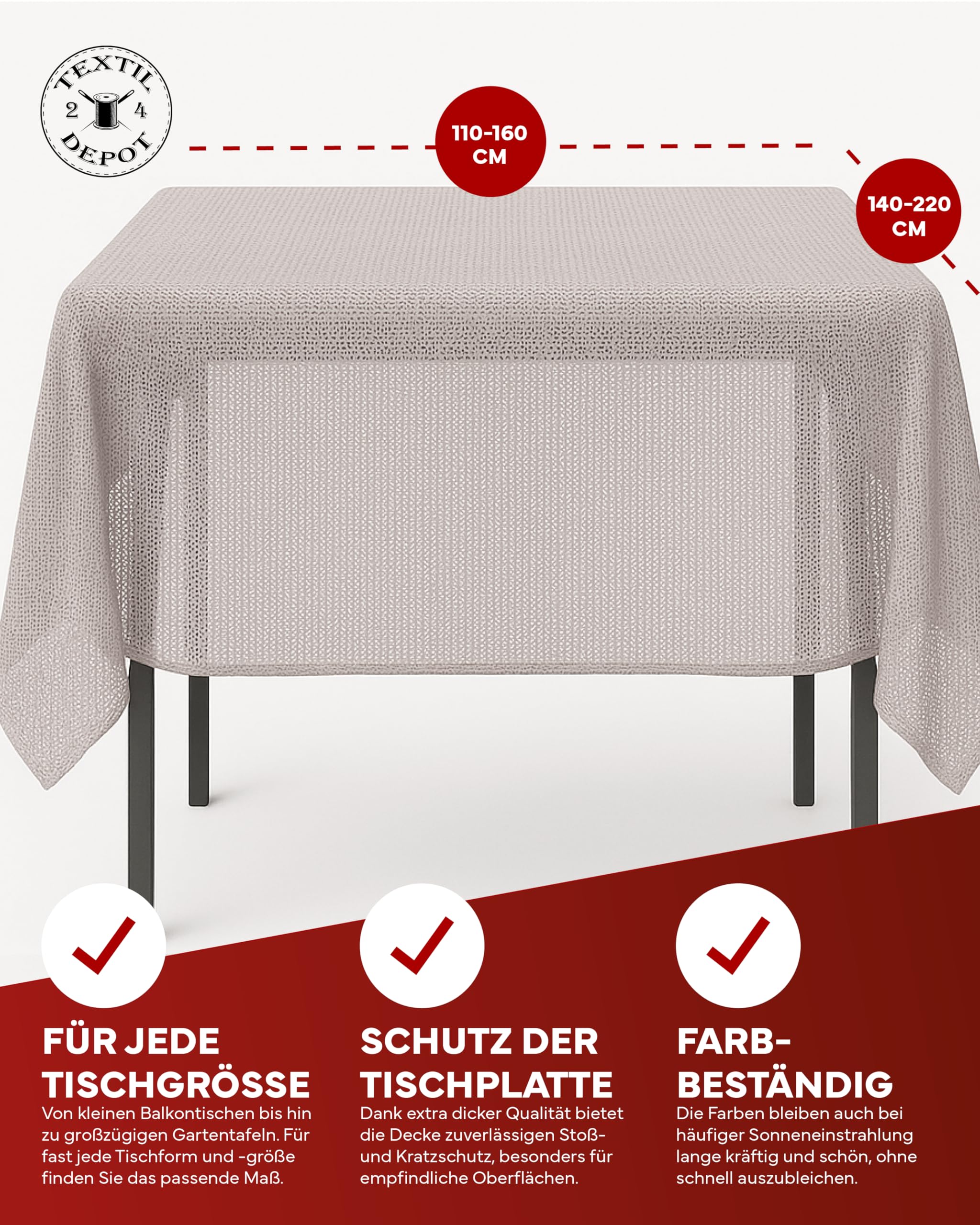 Obrus 130 x 220 cm, beżowy, obrus ogrodowy z obszyciem, zmywalny, na stół ogrodowy, balkon, taras, odporny na warunki atmosferyczne