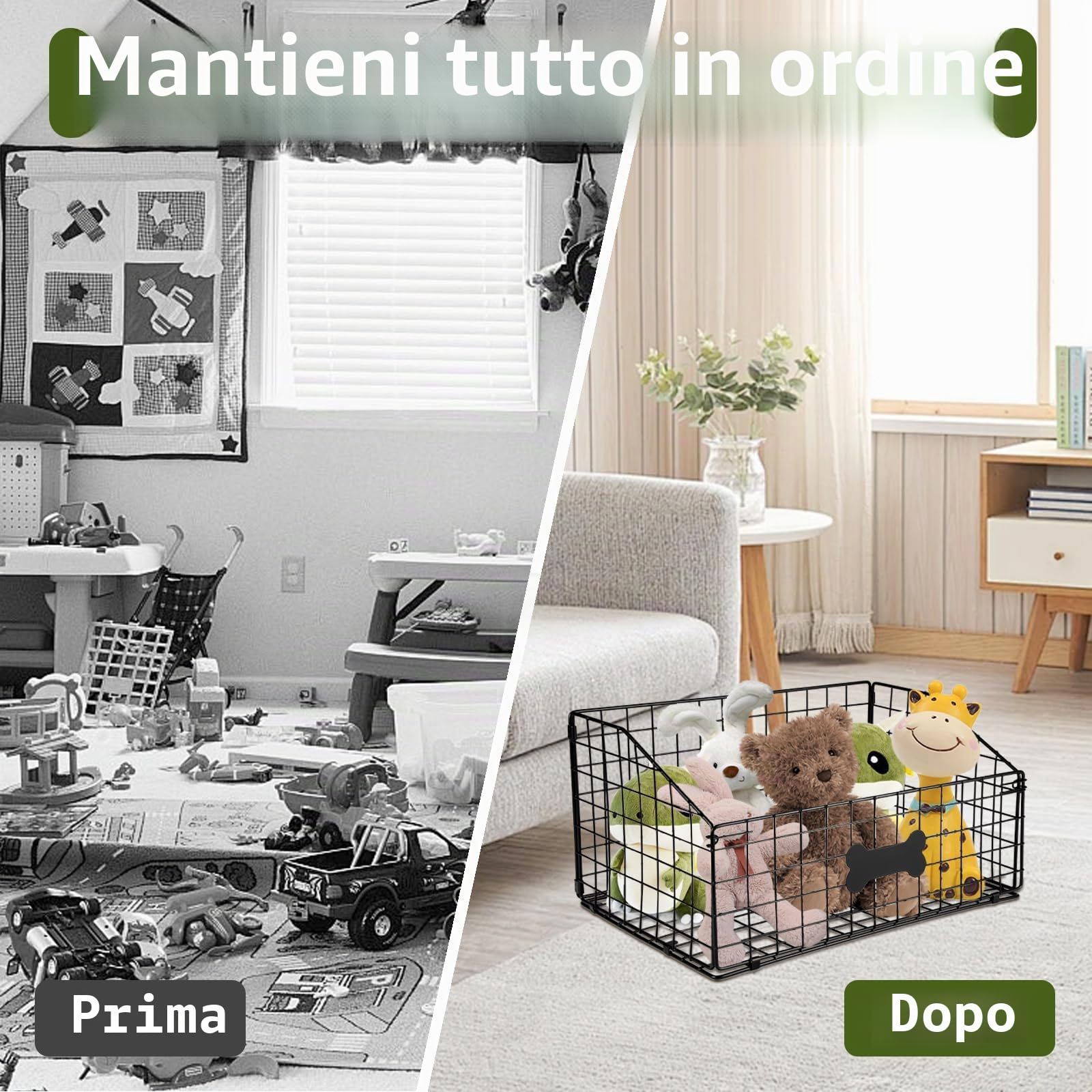 Cesto Organizzatore per Giocattoli di Cani e Gattini, Grande Capacità con Design, Contenitore Pieghevole in Metallo Resistente ai Morsi, Cesto Multiuso per Giocattoli e Alimenti 40x27x21cm Nero