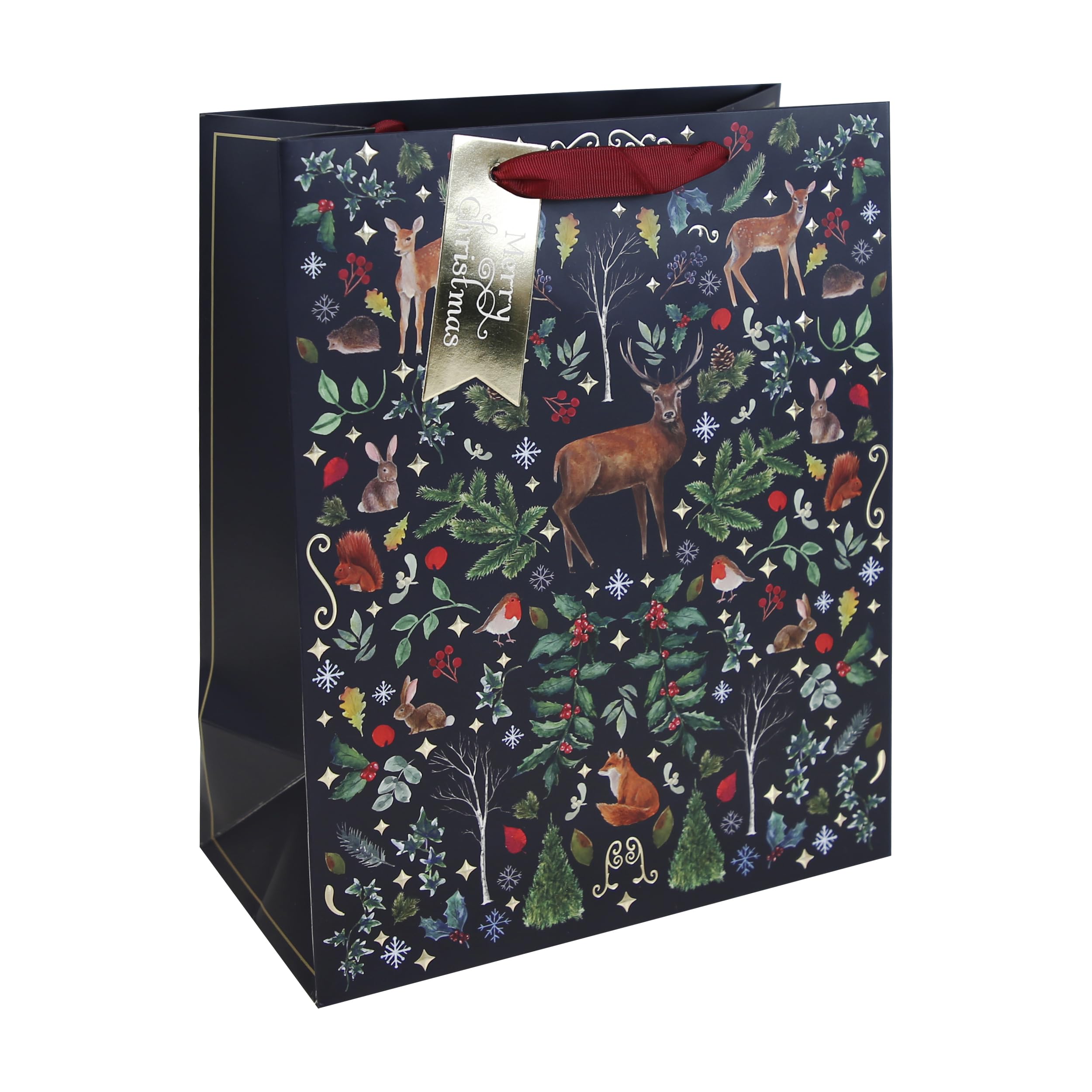 Eurowrap Grande sacchetto regalo natalizio con animali del bosco - Sacchetto regalo natalizio con cervi, volpi e foresta - manico in nastro rosso - sacchetto di carta riciclabile per confezioni