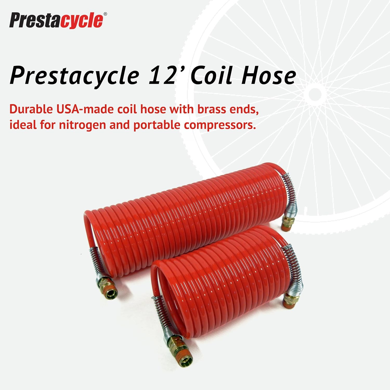 Prestacycle High-Pressure Coil Hose – 12 foot, Brass Swivel Ends, 1/4” NPT Threads, Compact & Durable for Nitrogen or Air Compressors, Short Lightweight Air Hose for Portable Use