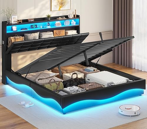 ADORNEVE Base de cama Queen con almacenamiento elevable, estación de carga tipo C y cabecera de almacenamiento oculta, cama de plataforma tapizada
