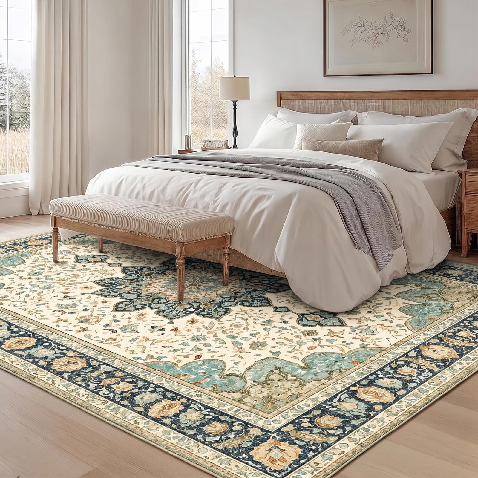 Tapis vintage lavable, pour salon, vert sauge, à poils bas, antidérapant, tapis doux avec motif vieilli pour chambre à coucher, salle à manger et salon - 140 x 200 cm