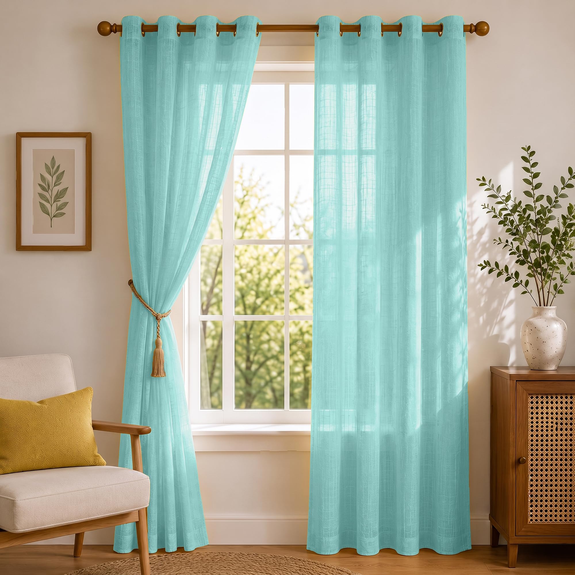 HOMEMONDE Transparent Sheer Cotton Texture Grommet Curtains 7 Feet Door Panels Solid Drapes, Celeste - 84 Inches
