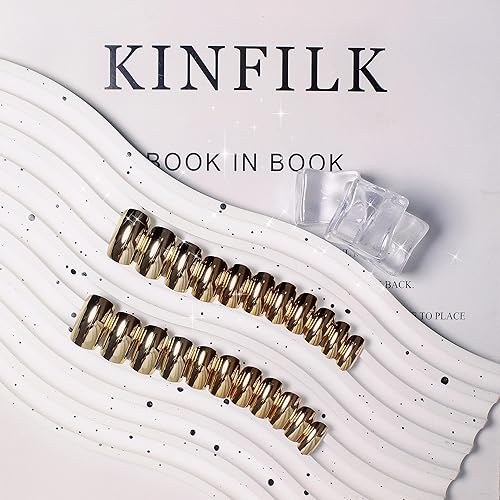 Miniatura 3 de KQueenest - Uñas postizas a presión cromadas doradas claras, cuadradas medianas, con espejo, uñas acrílicas a presión, uñas postizas metálicas