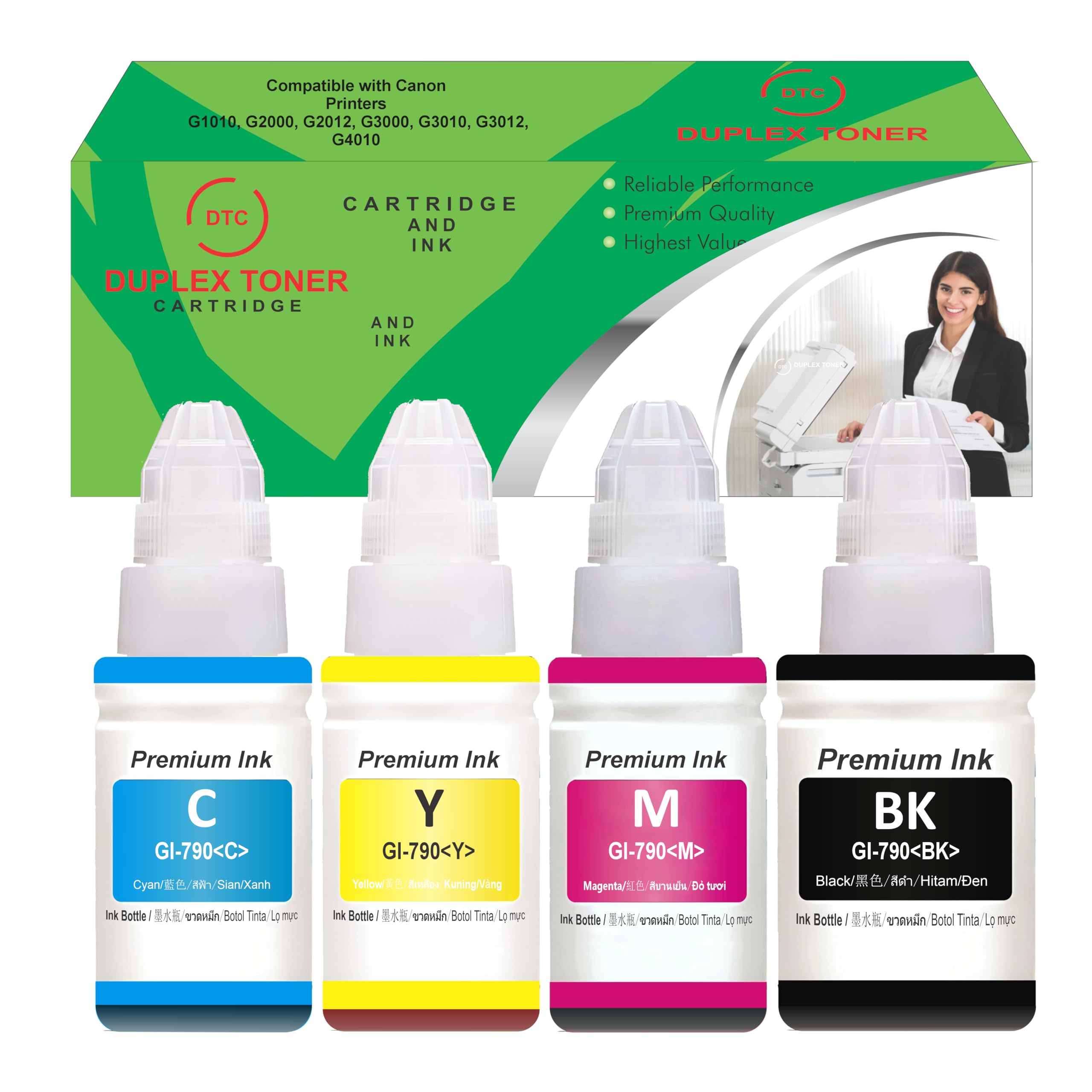 Duplex DTC GI-790 Compatible for Canon Pixma Ink Suitable for G1000 / G1010 / G1100 / G2000 / G2002 / G2010 / G2012 / G2100 / G3000 / G3010 / G3012 / G3100 / G4000 / G4013 (GI 790 Ink Set)
