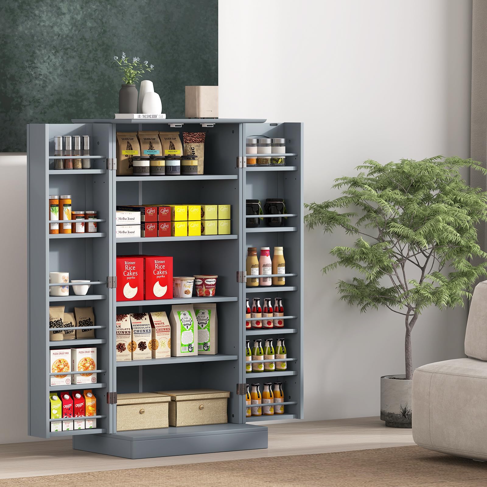 COSTWAY Szafka kuchenna, szafka na zapasy, szafka do przechowywania z 2 drzwiami i 6 regulowanymi półkami, uniwersalna szafka do kuchni, salonu, jadalni, 60 x 40 x 120 cm (szara)