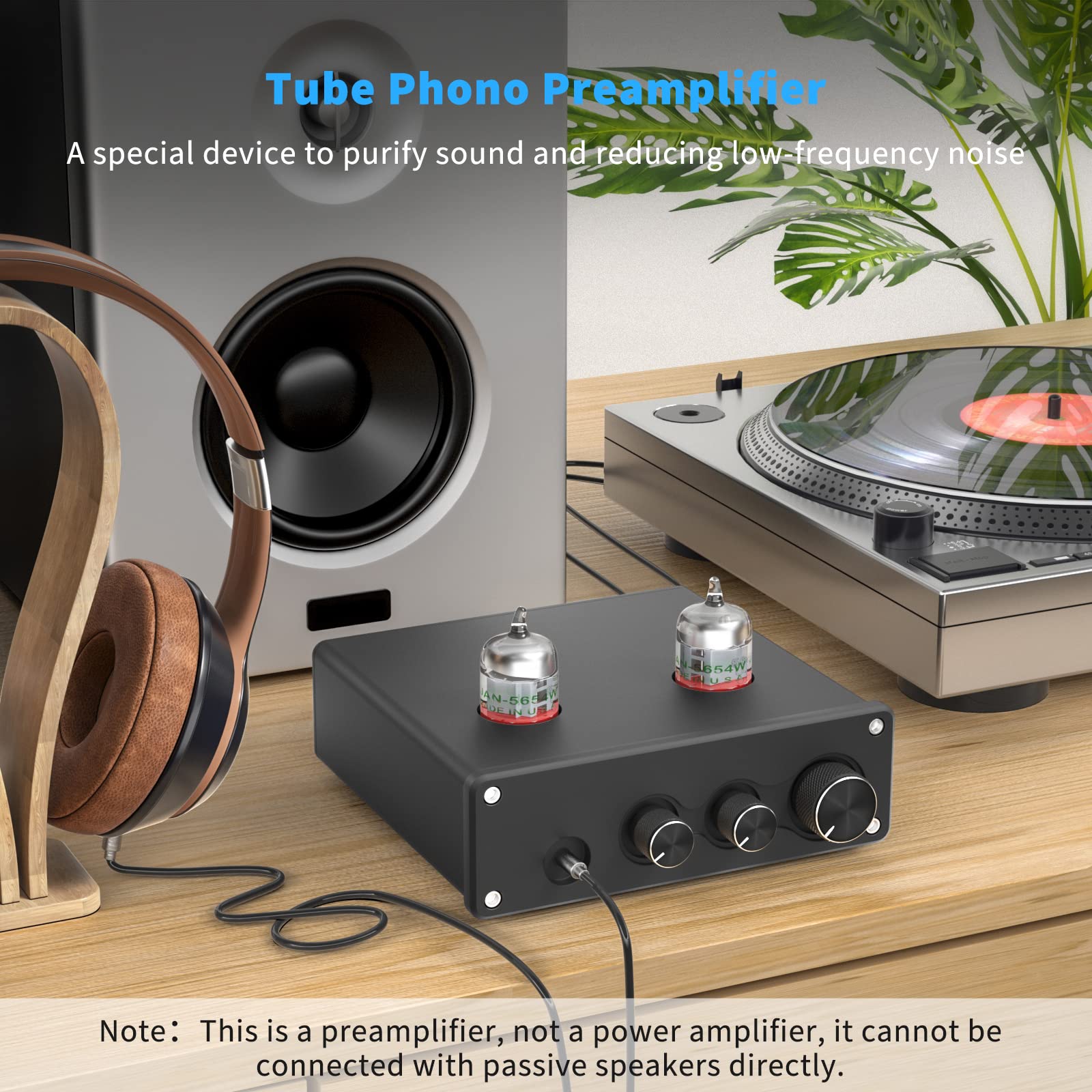 KEhtu Preamplificador De Fono, Preamplificador De Fonógrafo De Tocadiscos con Amplificador De Tubo De Vacío De 5654 W HiFi Box X4, Cuenta con Control De Volumen Y Control De Graves/Agudos