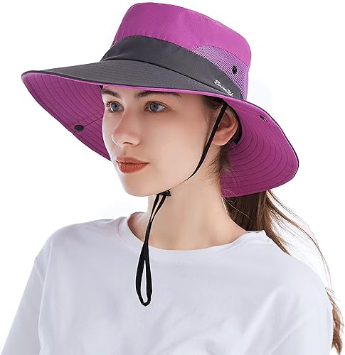 Tutuko Sombreros de sol de ala ancha para mujer, plegables, protección UV, sombreros de pescador de playa, cola de caballo de malla, sombrero de
