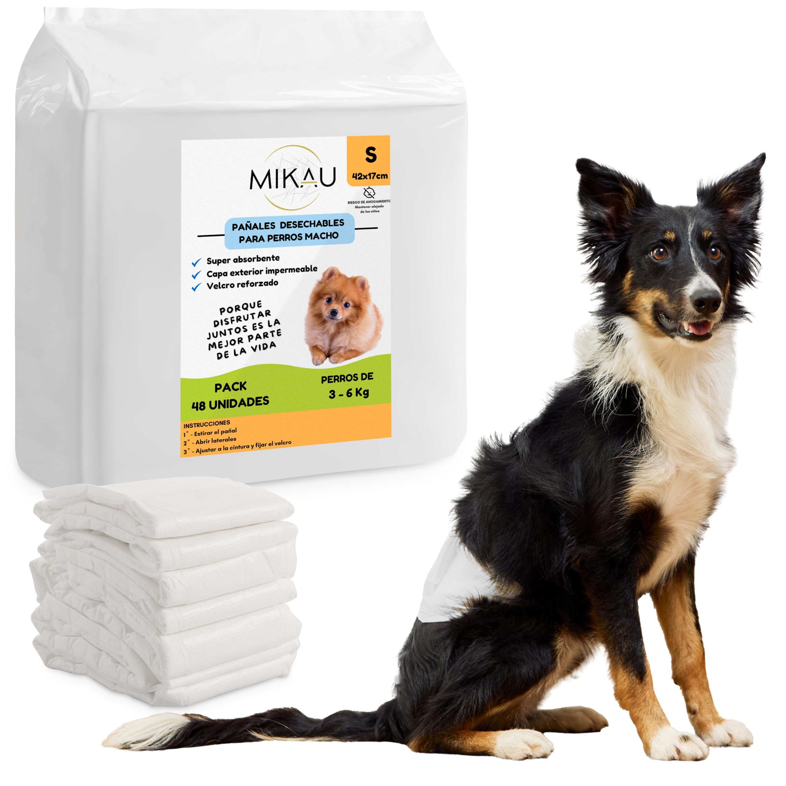MIKAU Pañales para Perros (Pack de 48) - Pañales Perro Macho Ultra Absorbentes, Ajuste Antifugas, Cómodos y Resistentes, Fácil Colocación. Rollo de Bolsas de Caca Incluido (Talla S)