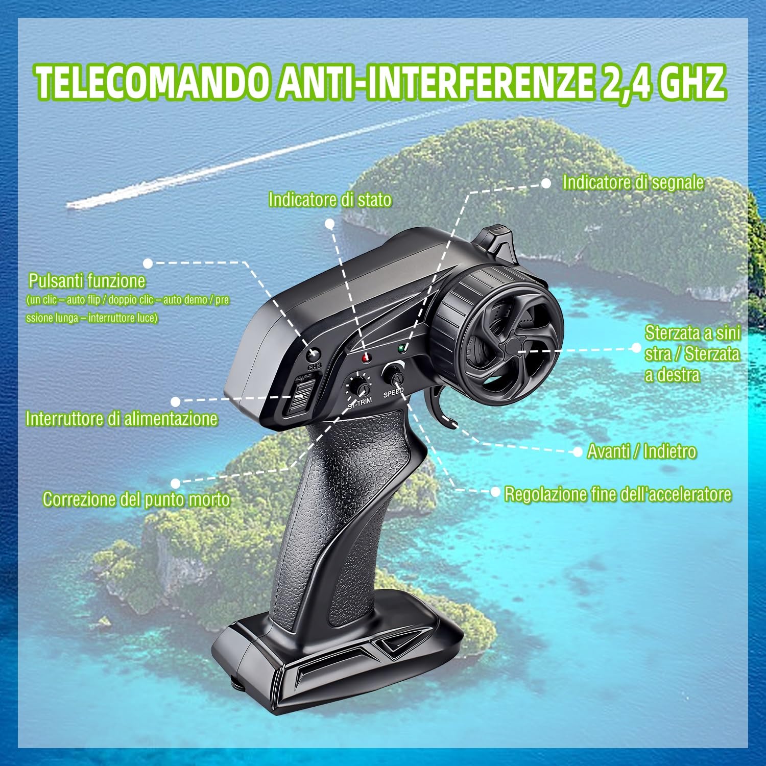 25KM/H Barca Telecomandata da 6 a 8 Anni, Motoscafo Radiocomandato con Luce LED, Barca Radiocomandata a 2.4GHz, 2 Batterie per 40 Minuti di Gioco, Motoscafo Telecomandato per Adulti e Bambini (Verde)