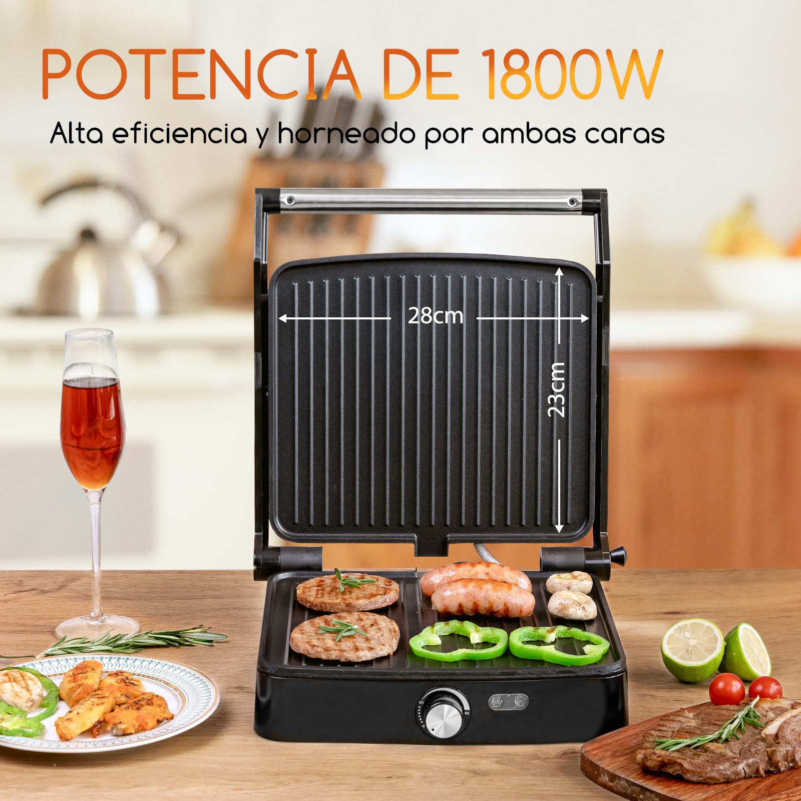 Aigostar Calore Parrilla Eléctrica 1800W, Grill Electrico con Revestimiento Antiadherente, Sandwichera con Regulador de Temperatura, Apertura 180º, Placa Superior Flotante, Libre de BPA