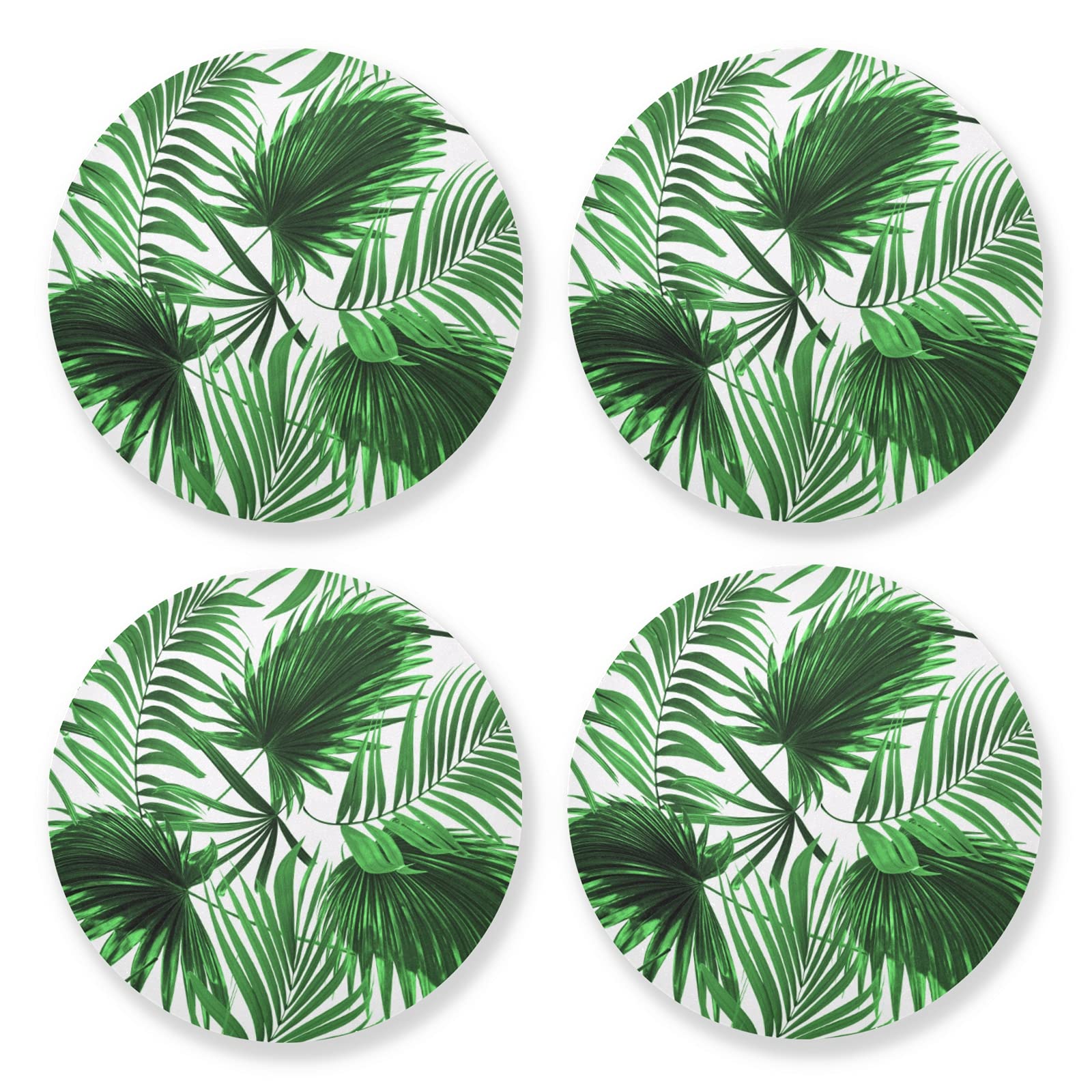 Poeticcity Green Seamless Tropical Palm Leaves On White Background 4 Set Wood Mug Coaster, Cup Mat Pad For Kinds Of Mugs, Oversize Stone Coasters Holder With Cork Base Housewarming Drinks Gifts