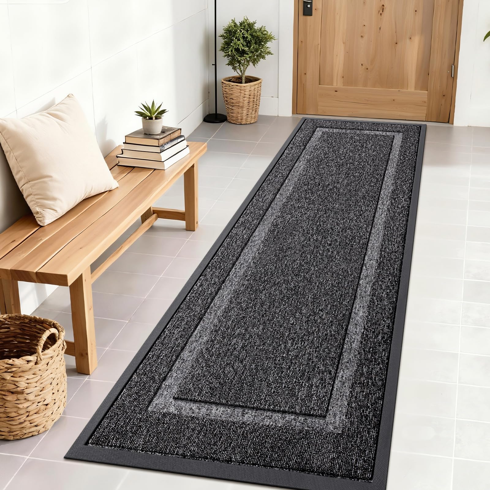 OLANLY Front Door Mat Outside 71x23, All-Season Heavy-Duty Rubber Doormat | Black and White, Absorbent, Stain and Fade Resistant, Non-Slip Backing, Low-Profile Indoor Outdoor Floor Mat for Entryway