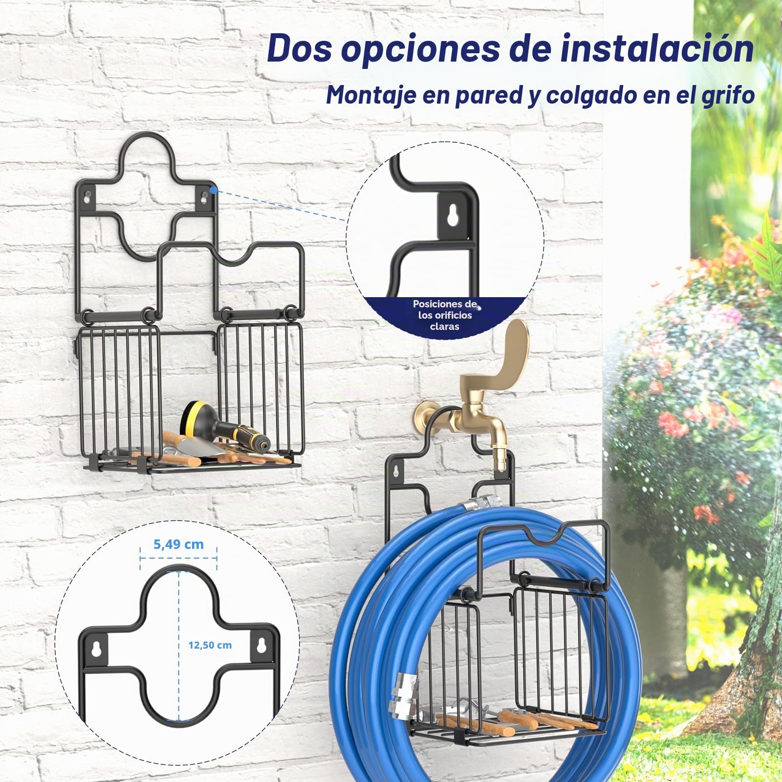 Soporte Manguera Jardin - Soporte Manguera Pared con Cesta de Almacenamiento - Metal de Gran Resistencia Portamangueras Pared, Robusto Duradero Colgador Manguera Recoge para Garaje Patio Garaje Césped