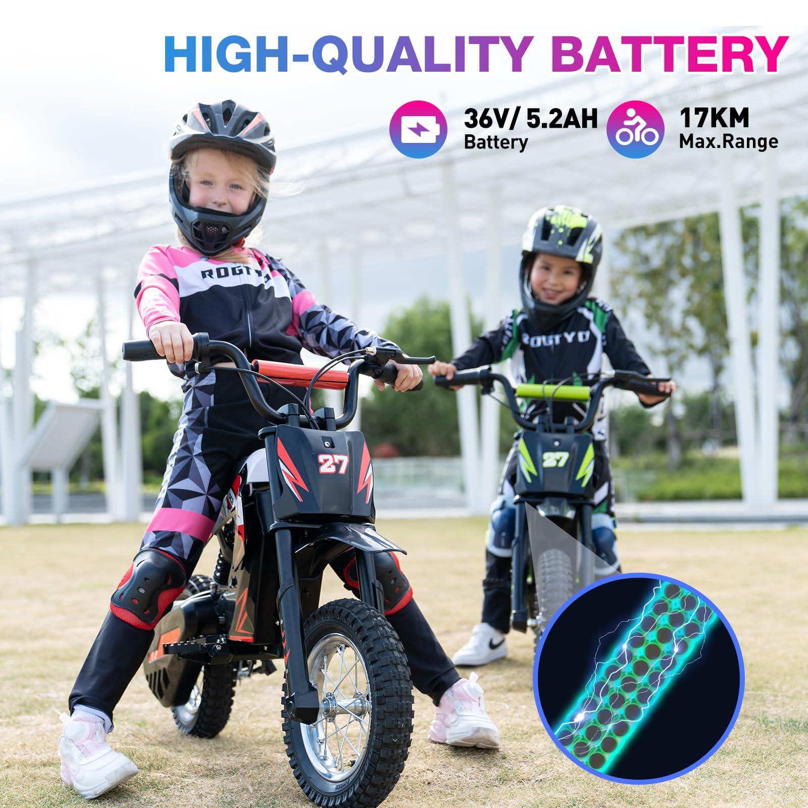 RCB Dziecięce motocykle elektryczne, opony pneumatyczne 12 cali, silnik o wysokiej wydajności, 3 tryby8/12/25KMH, maks. autonomia 15 KM, rower motocyklowy krzyż dla dzieci w wieku 3-12 lat