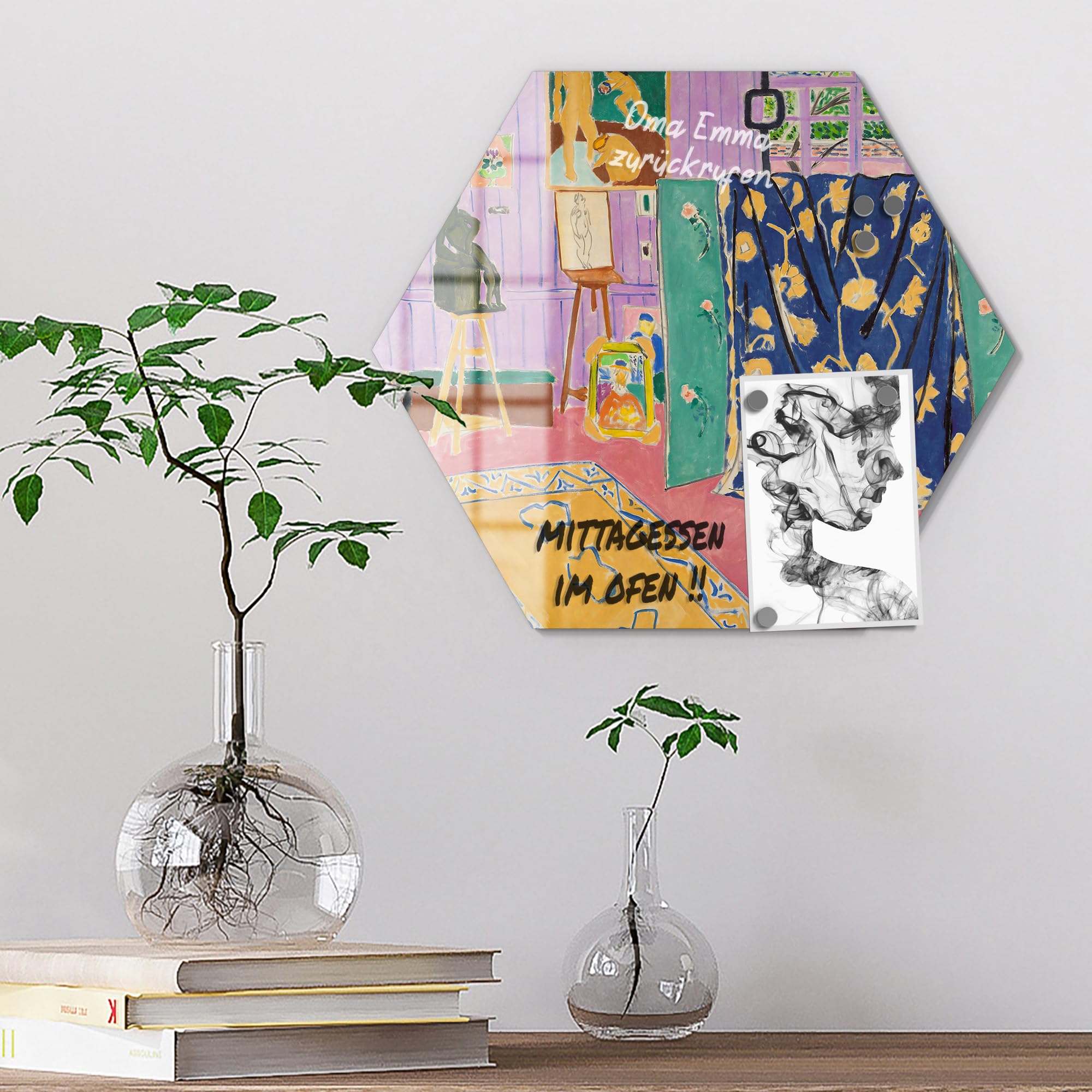 DEQOART Pizarra magnética de cristal, hexagonal, 40 x 34,5 cm, diseño de vida creativa de estudio, tablero de notas de cristal, incluye imanes, bolígrafo y paño para cocina y oficina, pizarra para