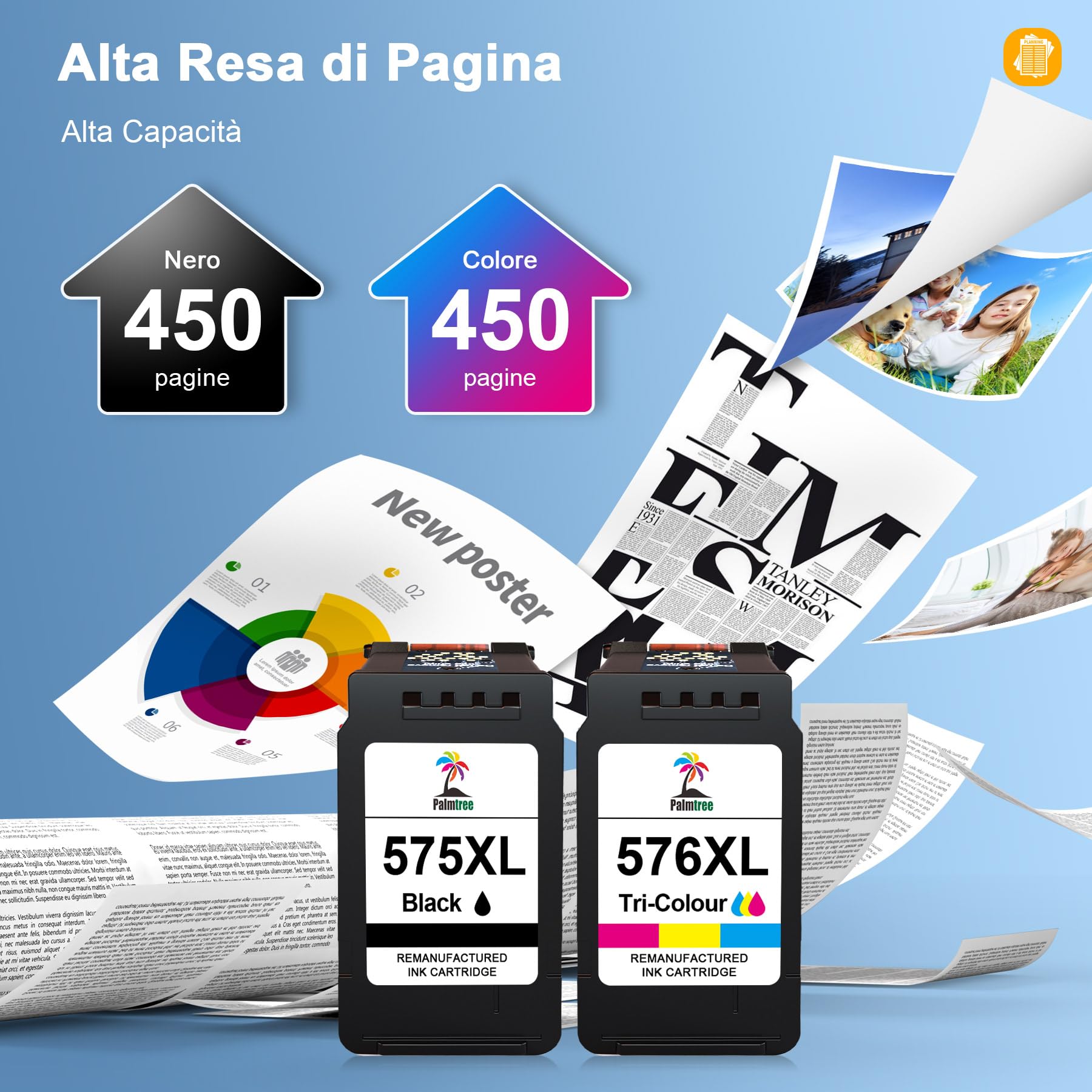 Palmtree PG-575XL CL-576XL Cartucce d'inchiostro Sostituzione cartucce canon 575 576 XL Canon 575XL 576XL per Canon PIXMA TS3550i TS3551i TS3750i TR4750i TR4751i TR4755i TR4756i (1Nero, 1Tri-Colore)