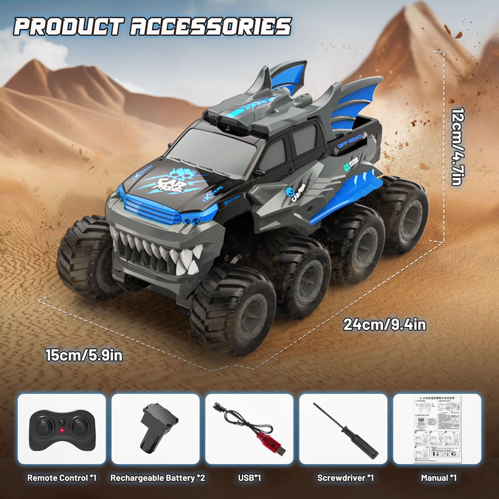 Voiture télécommandée amphibie 8WD Tout Terrain – RC Monster Truck étanche pour Terre & Eau, 2 Batteries modulaires, 2.4GHz, Cascades 360°, Voiture radiocommandée Monstre dès 8 Ans