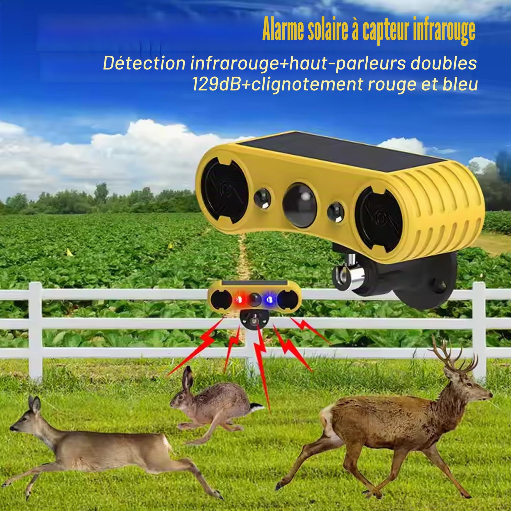 Alarme de détecteur de Mouvement Solaire extérieur - Alarme sonore de Coup de feu d'aboiement de Chien, 2 * 129 DB de Puissance, 4 Modes, lumière Rouge et Bleue (4 Pack)
