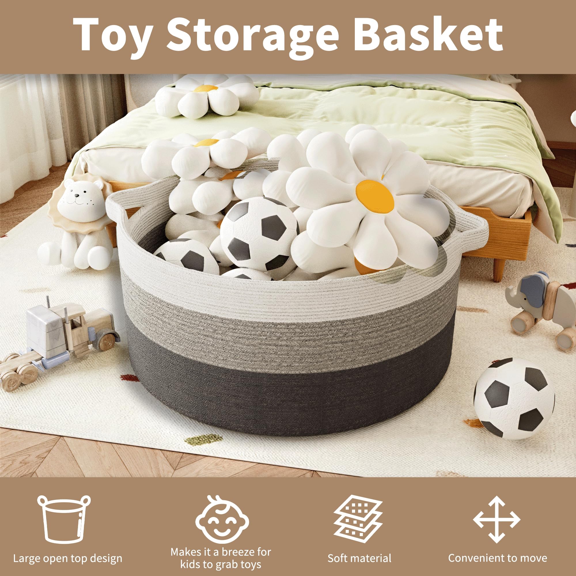 Cesto per coperte extra large da 125 l, 63,5 x 40,6 cm, cesto decorativo per la casa, in corda di cotone con manici, cestino per giocattoli per bambini, grigio graduale