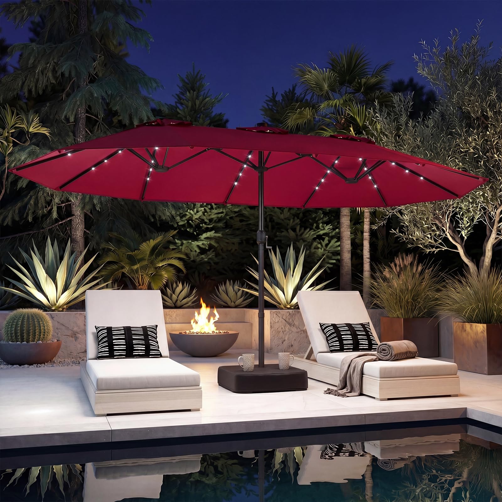 GOPLUS Parasol de Jardin Exterieur avec Pied, 4,6x2,8M Grand Parasol Double avec 48 LED Solaires, Manivelle, 12 Baleines, Protection Solaire, pour Terrasse Marché Patio
