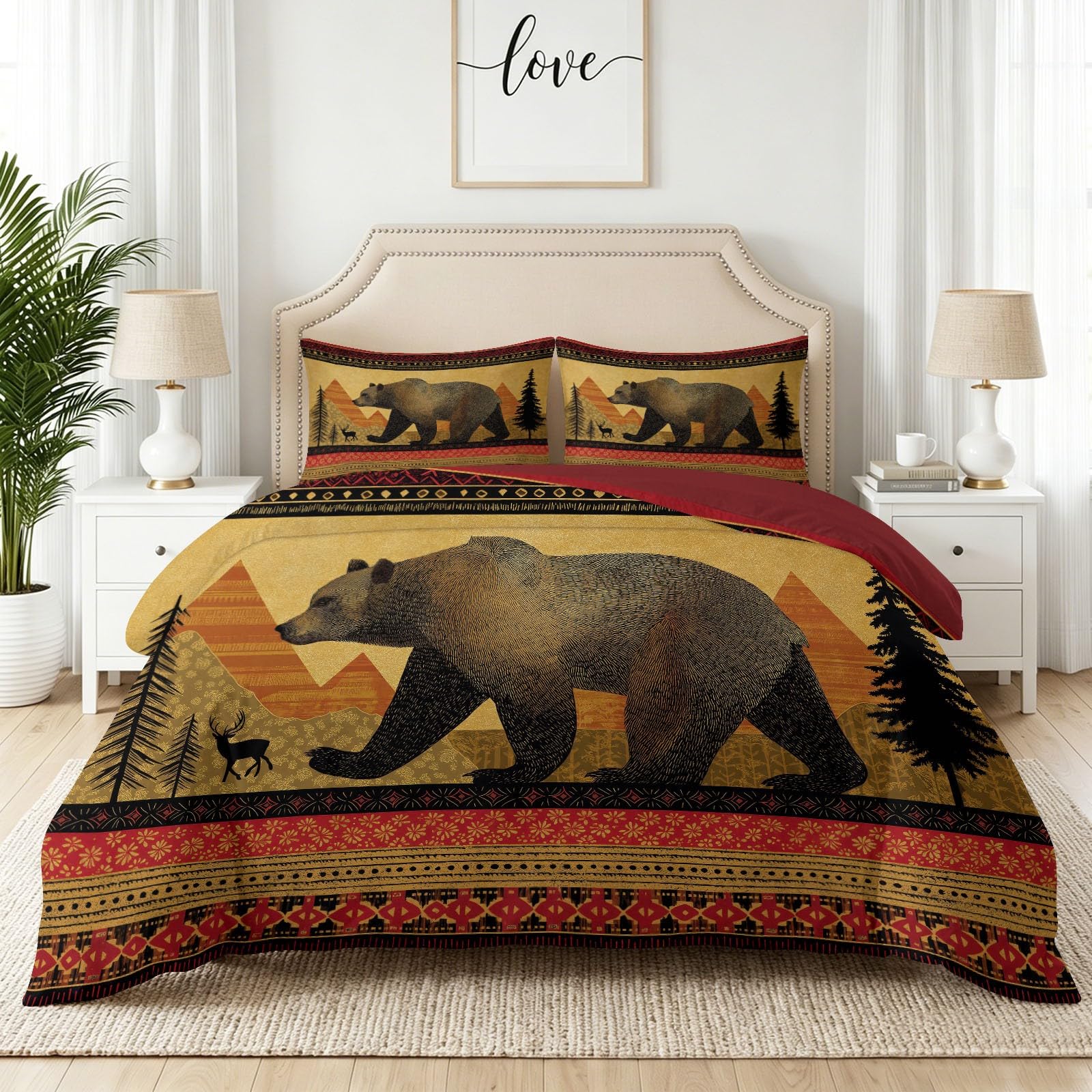 Pościel dla nastolatków 180 x 200 cm, wzór lasu Grizzly Berg, zestaw pościeli z mikrofibry, vintage, tajemnicza, miękka, przyjazna dla skóry, poszewka na kołdrę z zamkiem błyskawicznym i 2 poszewki na