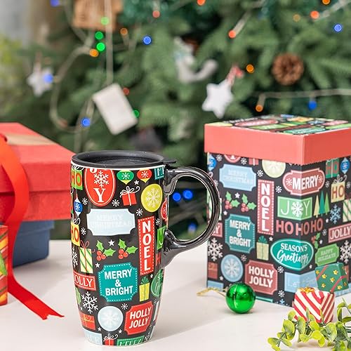 Miniatura 23 de DUSVALLY Taza de café de cerámica, tazas de café de Navidad, taza de té con leche con tapa y caja de regalo, taza de cerámica alta de 17 onzas
