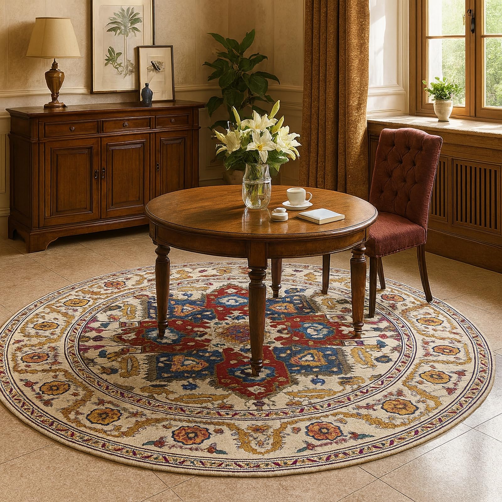 Teppich Rund Deko Innen,Traditionelles Blumenmuster Rot, Blau, Gelb, Beige Mehrfarbig, rund, 200 cm Durchmesser,Waschbar rutschfest weich Deko Schlafzimmer Küche Esszimmer Sofa
