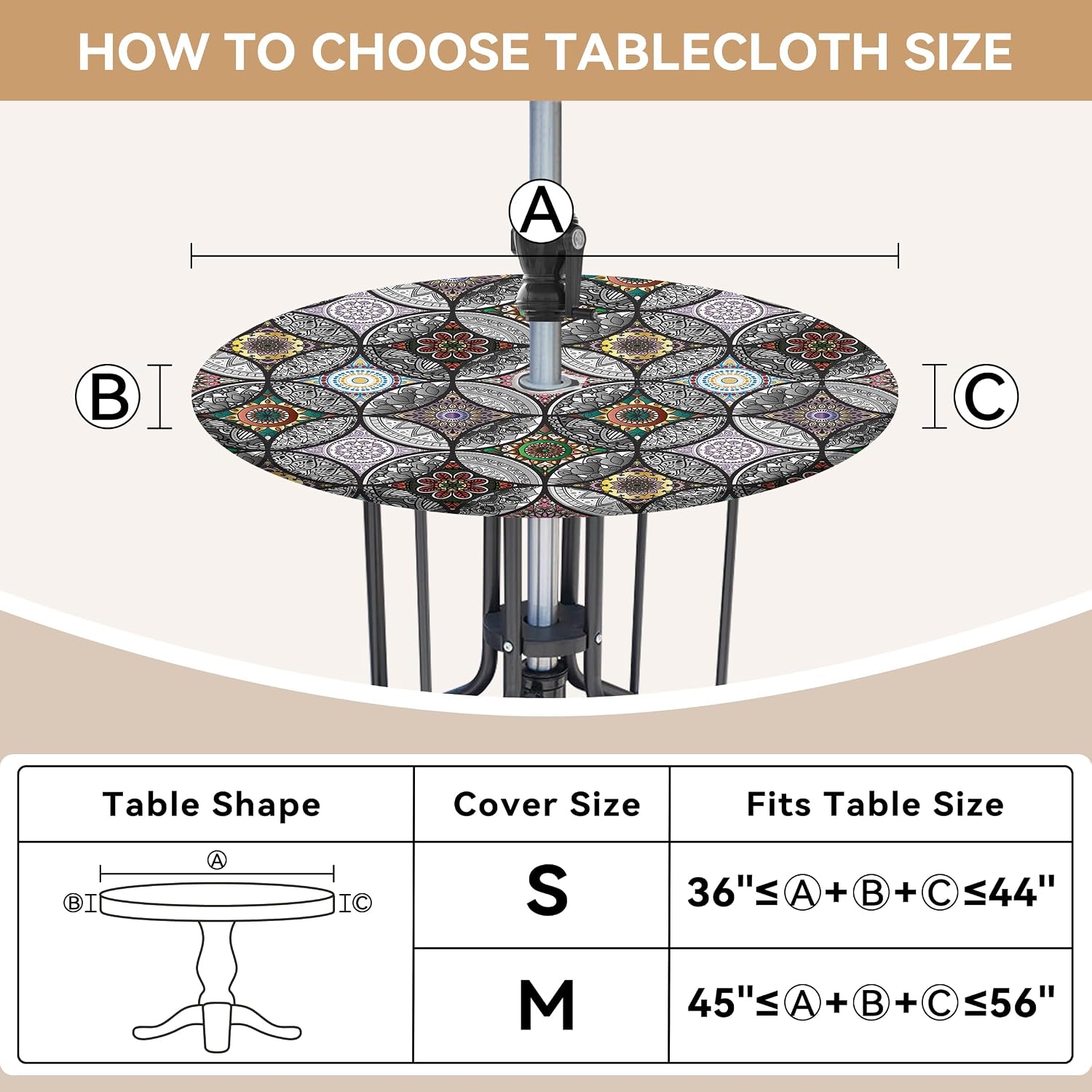 Mandala Outdoor Tablecloth with Umbrella Hole Black Boho Round Waterproof Fitted Zippered Table Cover with Elastic for Picnic, Patio, Garden (45-56 in)