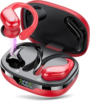 Ear buds Wireless Earbuds Bluetooth 5.3 Headphones 60hrs Playtime with Digital Display Sports Wireless Headphones with Earhook Deep Bass IPX7 Waterproof Over-Ear Earbuds for Android iOS Workout Red