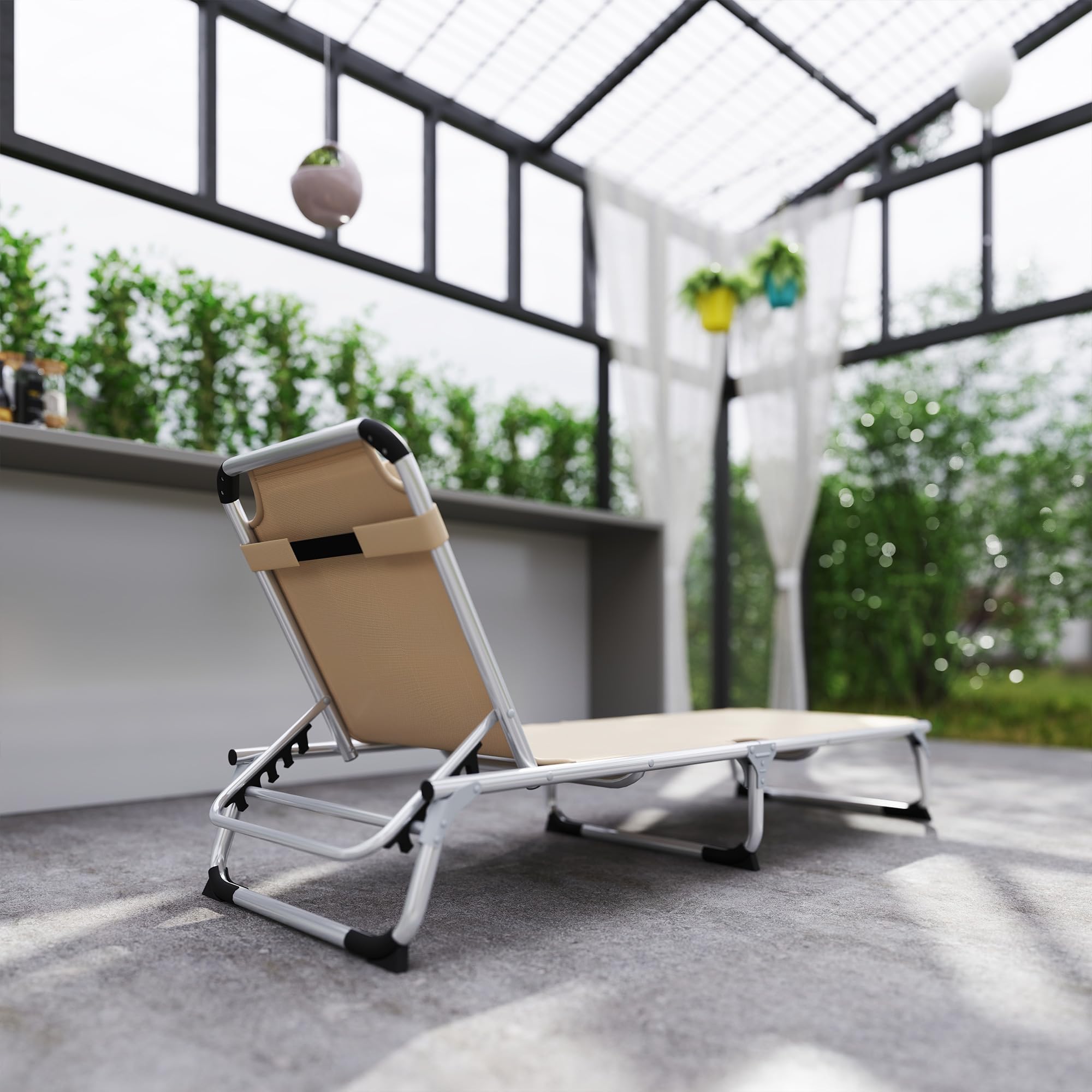 Outsunny Lettino Prendisole Pieghevole con Schienale Reclinabile su 4 Livelli, Sdraio da Giardino con Poggiatesta, in Alluminio e Texteline, per Spiaggia Piscina Giardino, 60x165x76 cm, Beige