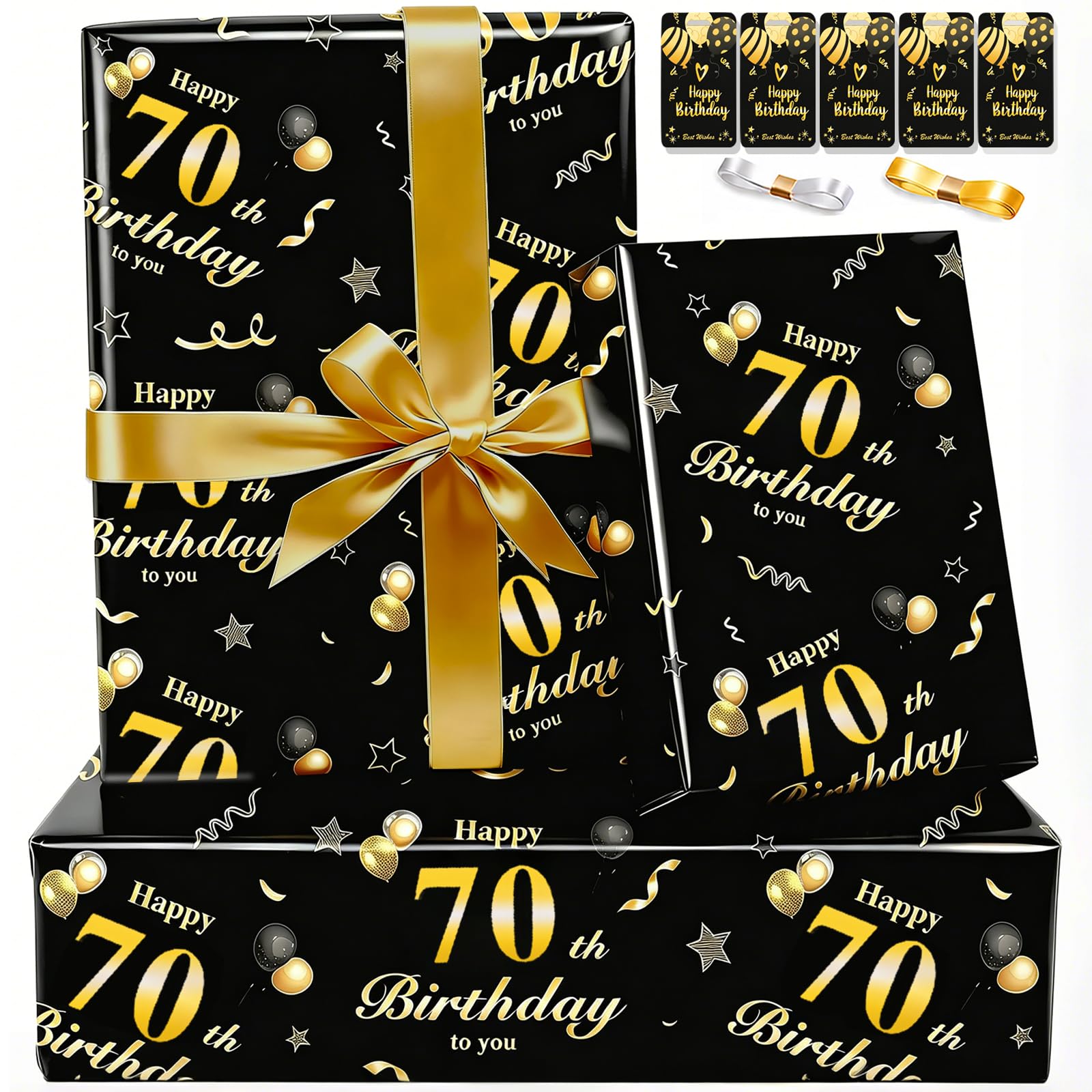 Wrapping Paper 70th Birthday Wrapping Paper for Men Premium Black Gold Gift Wrapping Paper Set for Present Classy Luxury Gift Wrap Birthday Paper with Ribbon Tags for Granddad Husband Dad