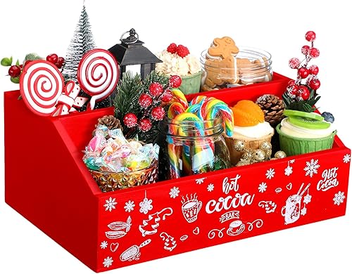 Soaoo Caja de almacenamiento de madera para barra de cacao caliente de Navidad, caja decorativa de chocolate rojo caliente, doble capa, lindos cubos
