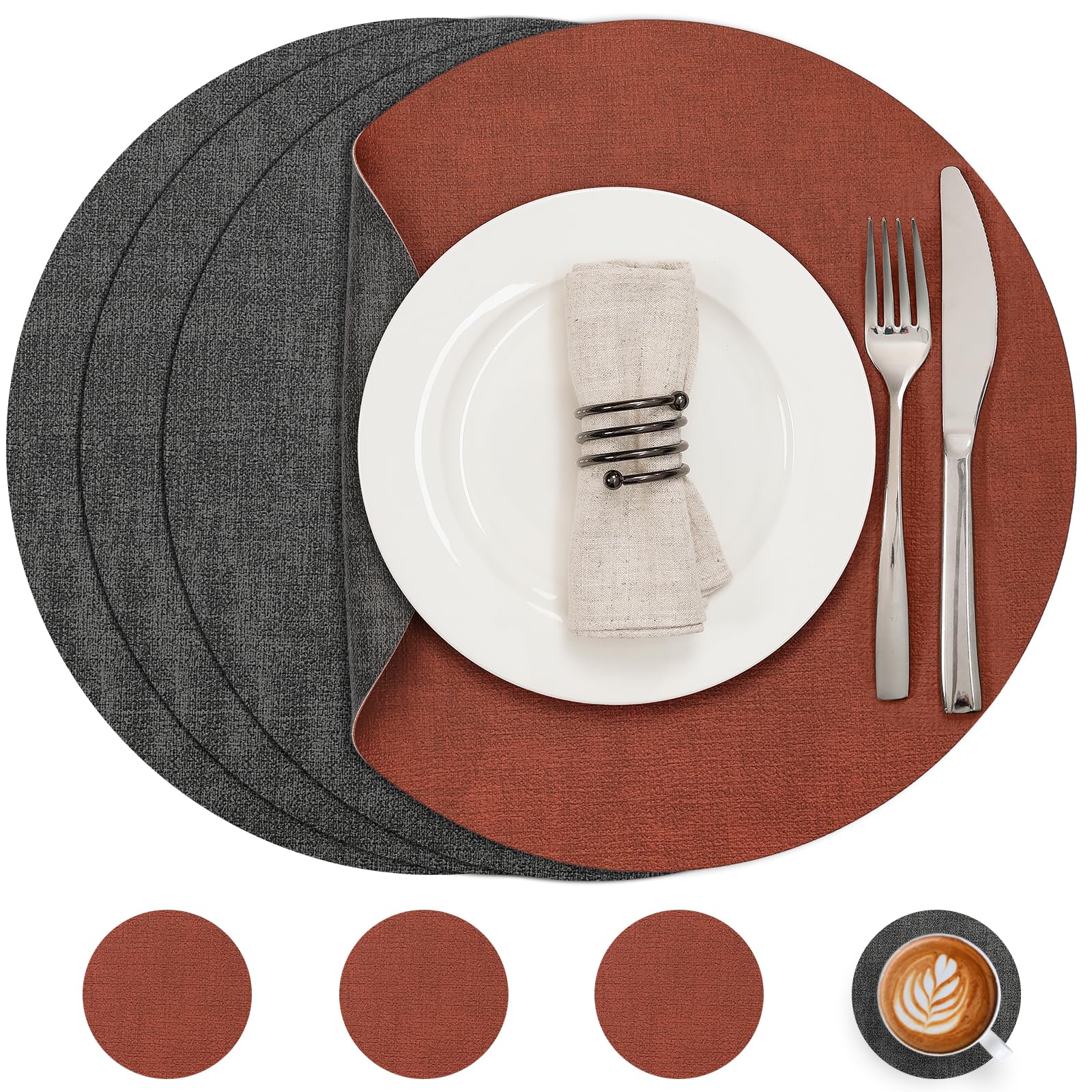 Myir JUN Tischsets Abwaschbar Leder und Untersetzer, Doppelseitigen Platzset Rund Ø 36cm 4er Set rutschfest Glasuntersetzer Platzdeckchen Leder Kunstleder Tischset