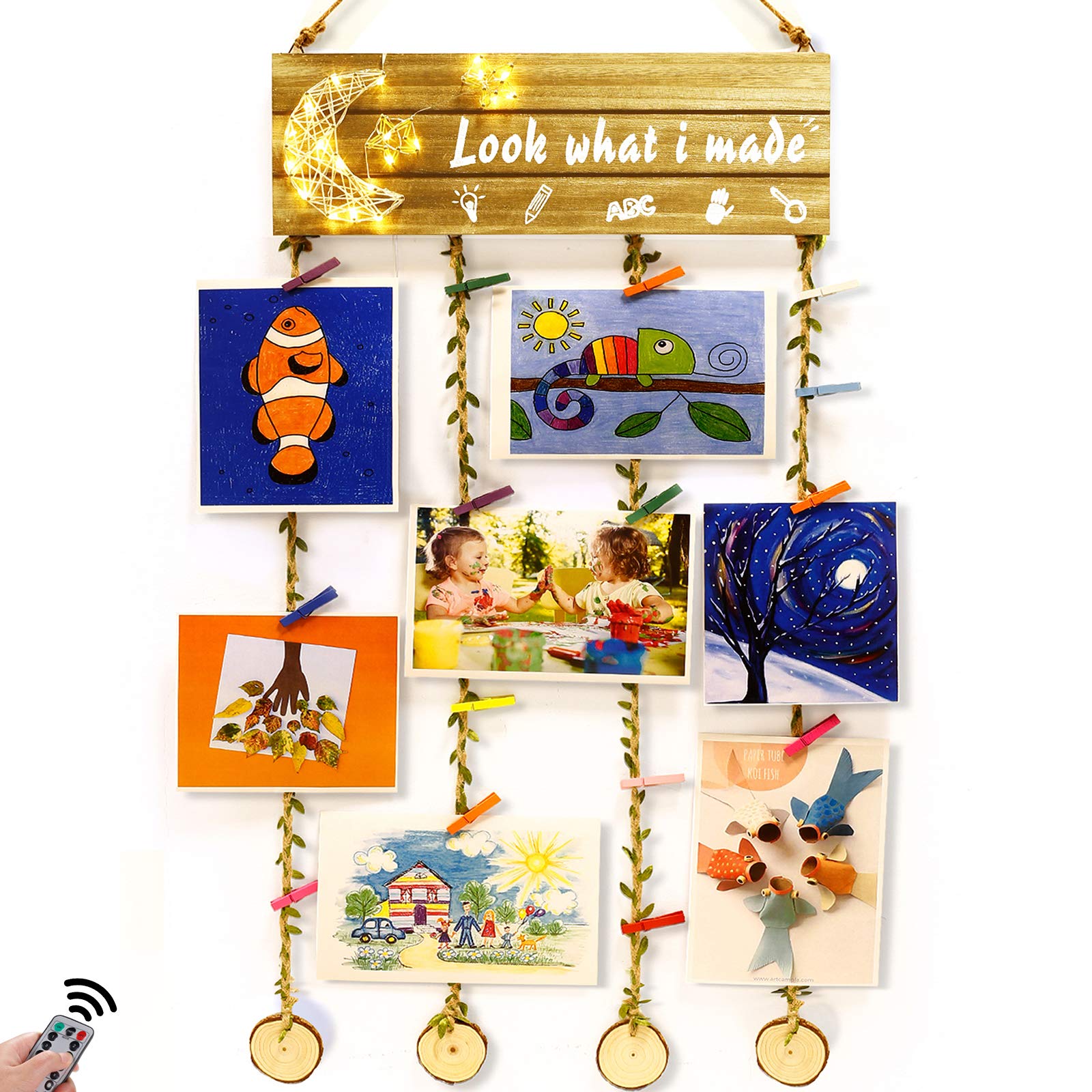 Hanging Artwork Display for Kids Art Frame, Look What I Made Sign with 20 Clips, Kids Drawings, Crafts, Picture Board for Wall Decor, Children Teen Girls Boys Room Decor Gifts with Remote Fairy Lights