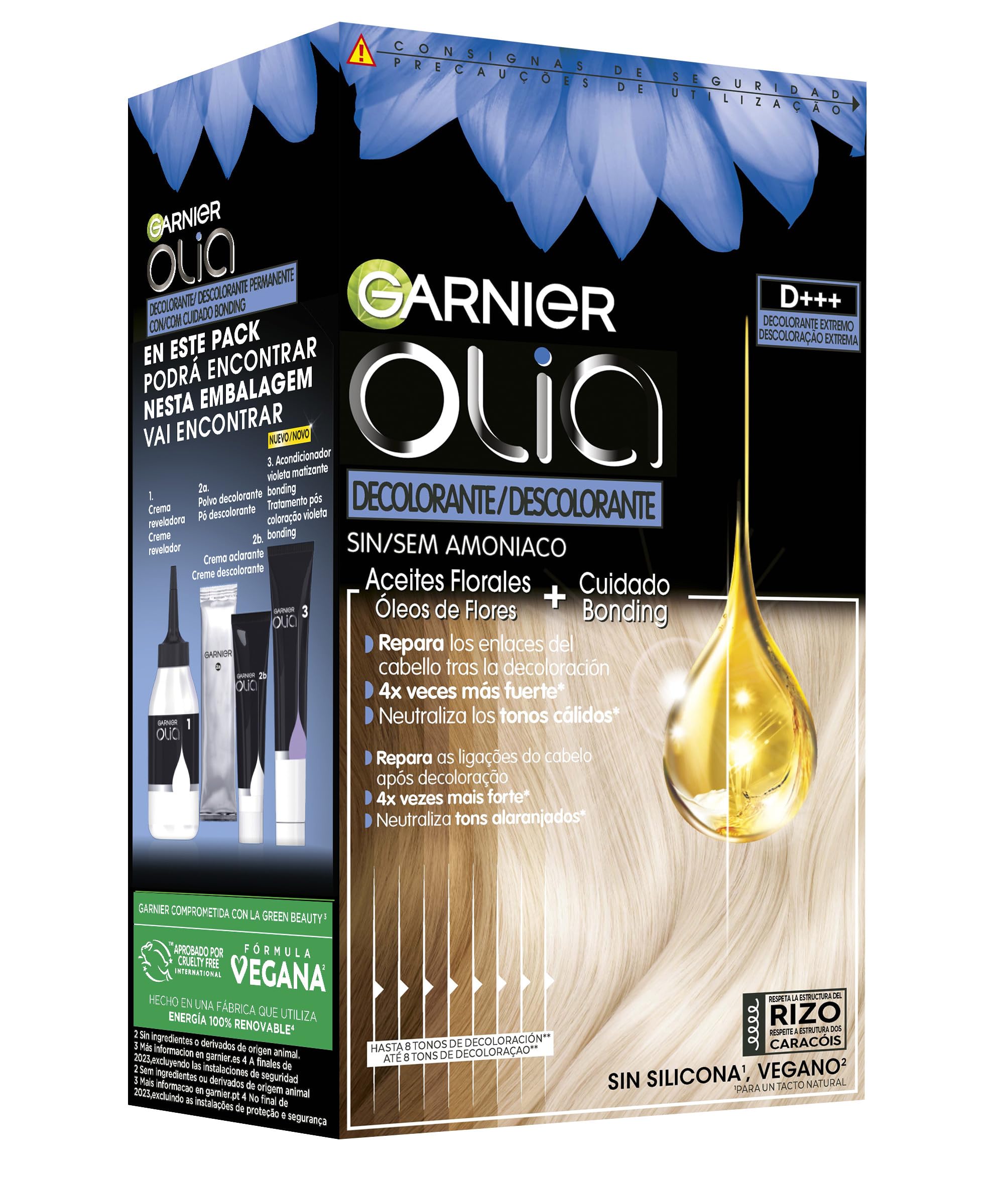 Garnier Olia, pack 3 Decolorante Permanente sin Amoniaco con Aceites Florales de Origen Natural, Decolorante D+++, Aclarado 8 Tonos, El embalaje puede variar