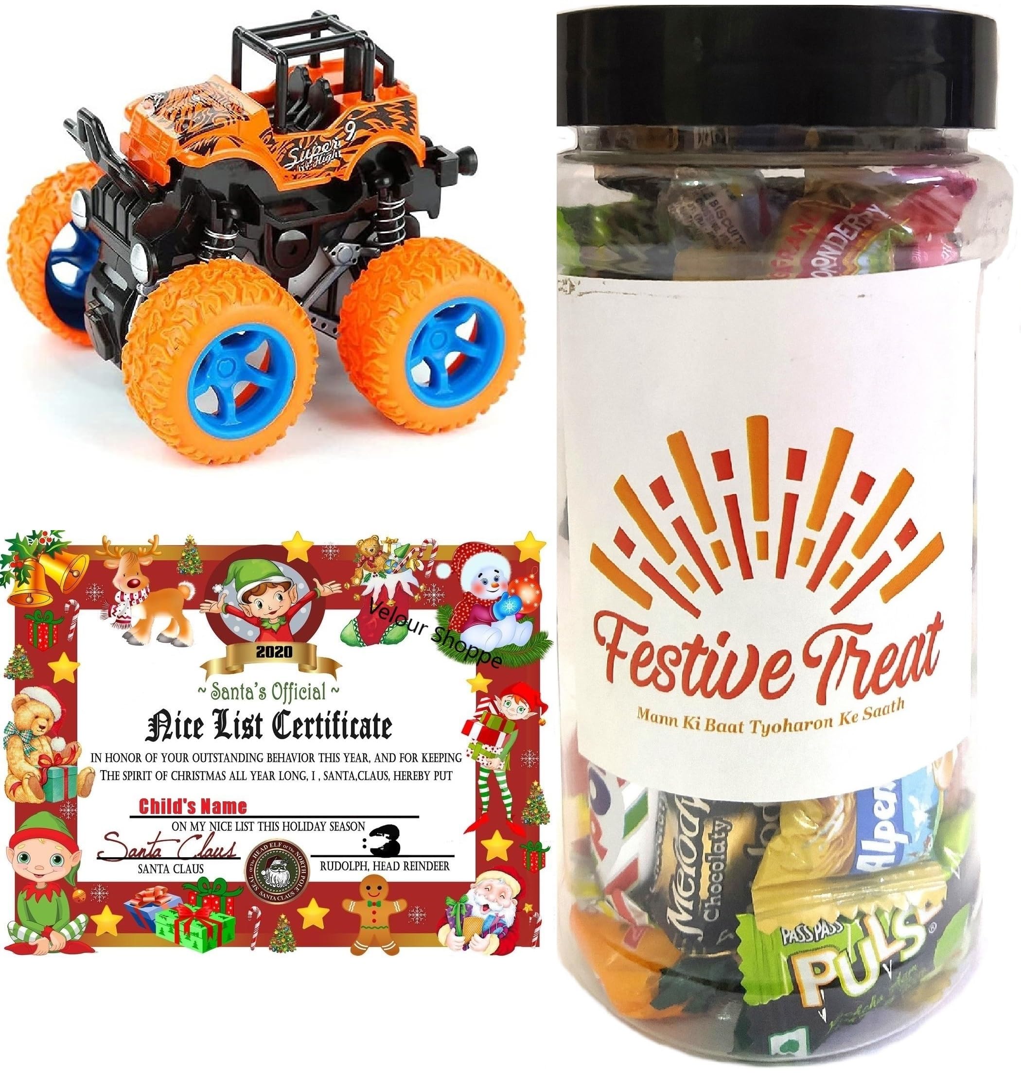 Christmas Gift Combo with Candy Jar, Monster Car & Santa's Nice Child Certificate for Kids-image-29