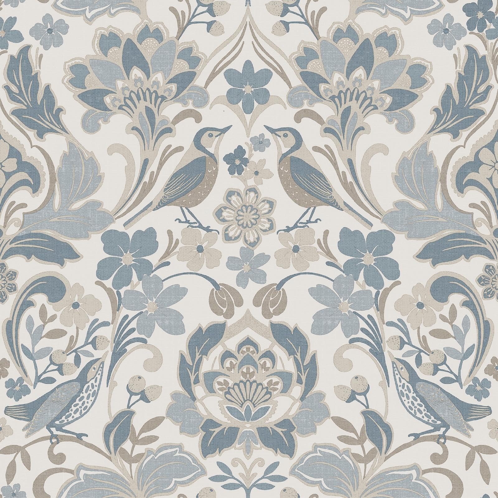 World of Wallpaper Folk Themed Birds Floral Patterned Matte Finish Textured Wallpaper for Living Room and Bedroom - Soft Blue 946103