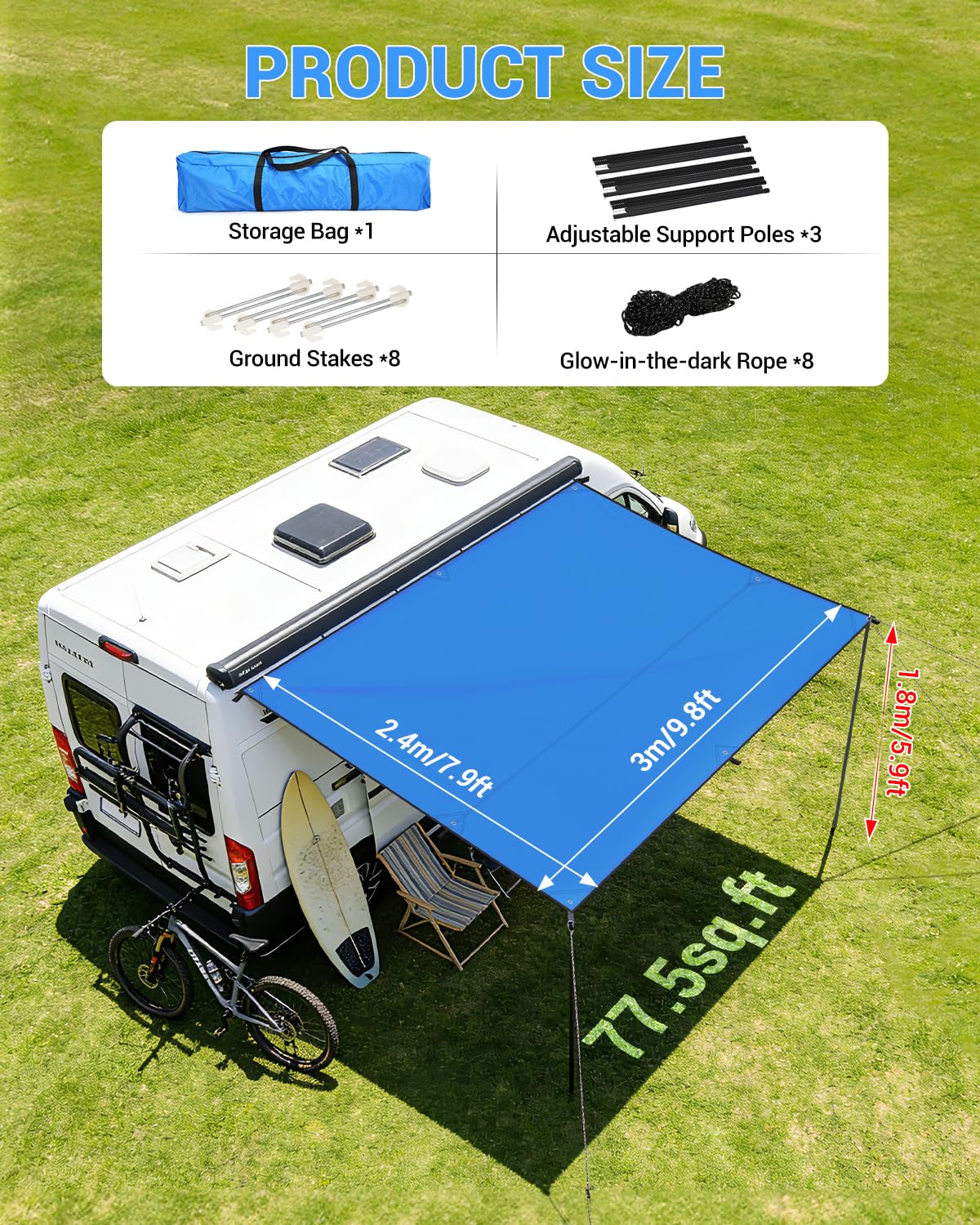 SUPAREE Sonnensegel Markise Wohnmobil Wohnwagen Markise 3m Sonnensegel Wohnwagen mit Keder 210D Oxford mit 3 Kederschiene UV-Schutz Wasserdicht für Camper Van 3 x 2,4m