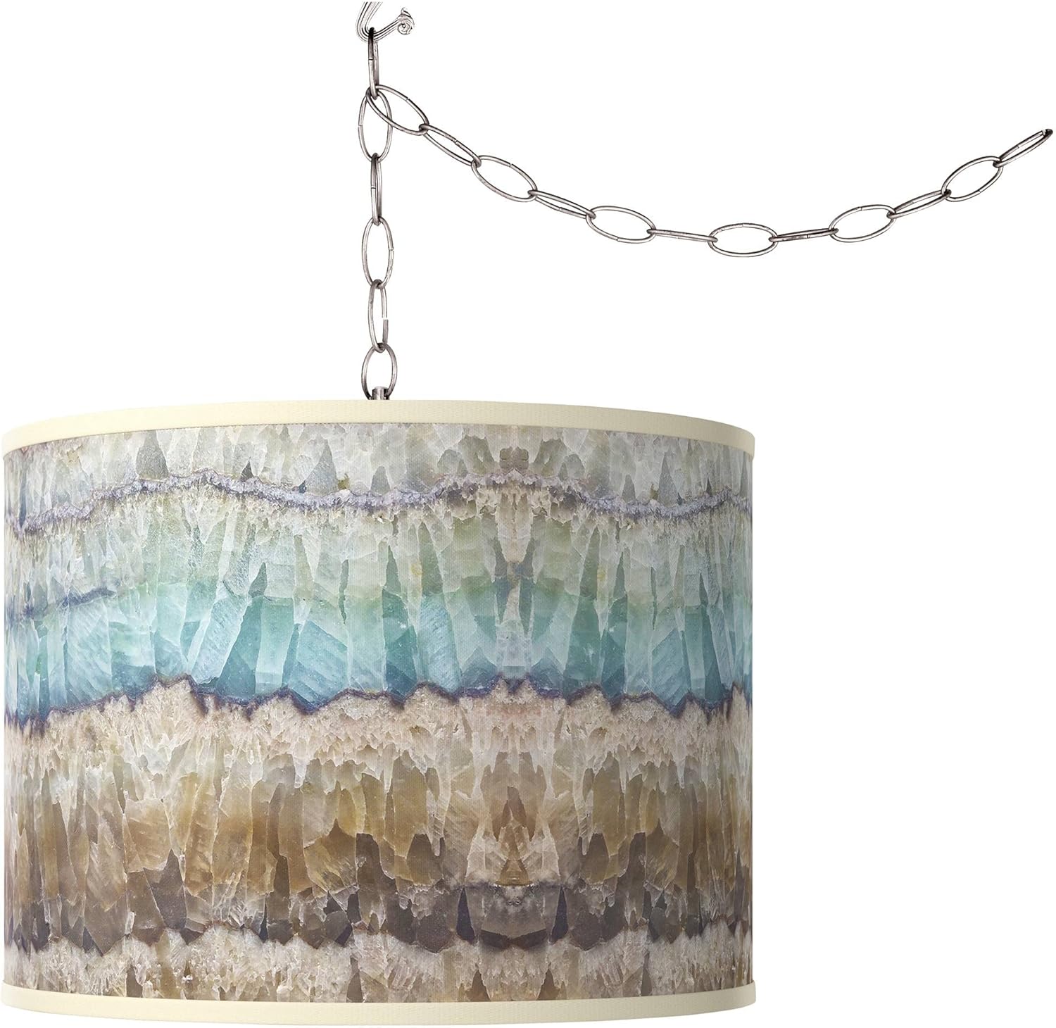 Giclee Glow Marble Jewel 13 1/2" Modern Coastal Ceiling Swag Light Pendant Fixture Dining Room Over Table Kitchen Island Foyer Drum Hanging Blue Print Shade Plug in Brushed Nickel Finish Hallway