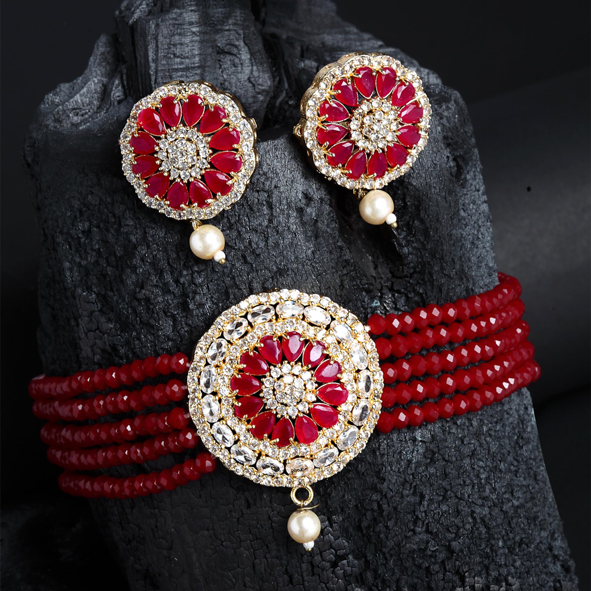 American Diamond Plated Brass Pearl Choker Necklace (Maroon)