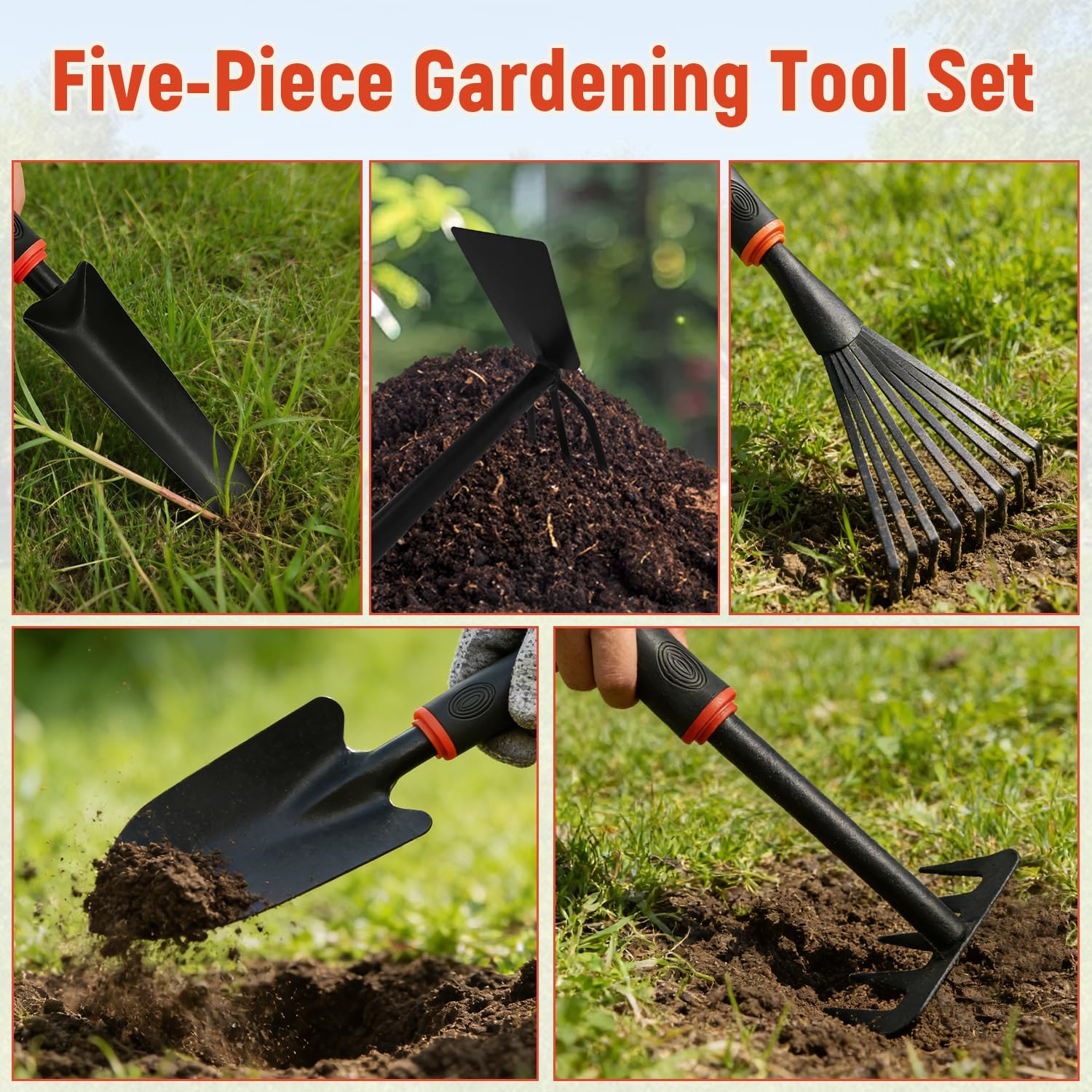 FR 5-Piece Garden Tool Set – Heavy Duty Hand Weeder Kit with Trowel, Cultivator & Rake – Ergonomic Manual Gardening Tools for Digging, Planting & Weed Removal in Lawn & Flower Beds