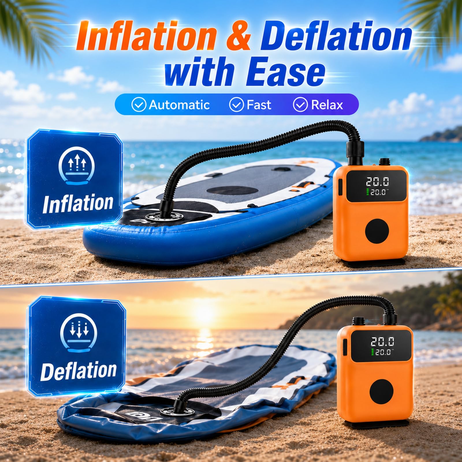 Pompe électrique SUP 20 PSI avec lumière, mini pompe SUP électrique portable, gonflage/dégonflage intelligent, arrêt automatique pour planches SUP, kayak, tente, matelas