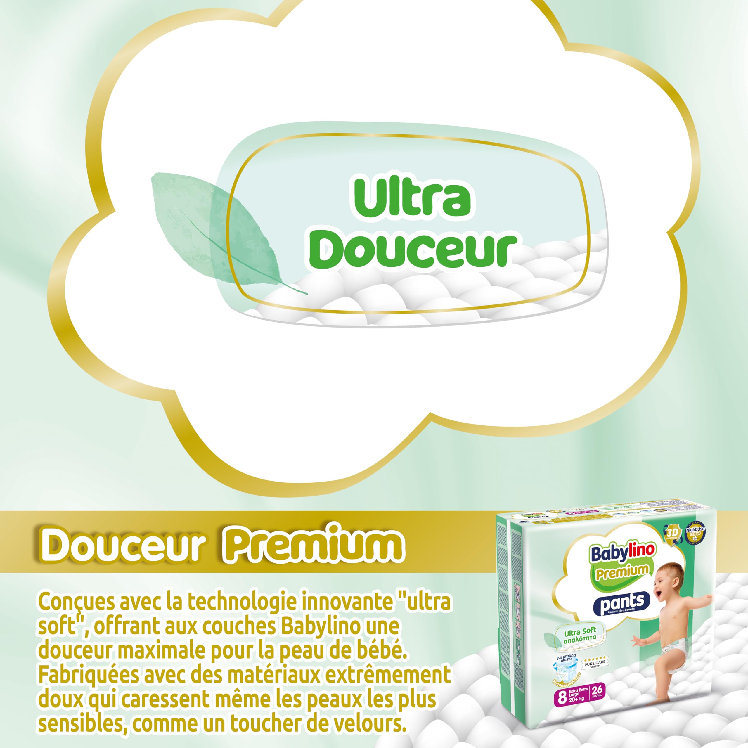 Babylino Premium Pants, Couches culotte Taille 8 avec filtre ULTRA SOFT, XXL (20+kg), 26 unités