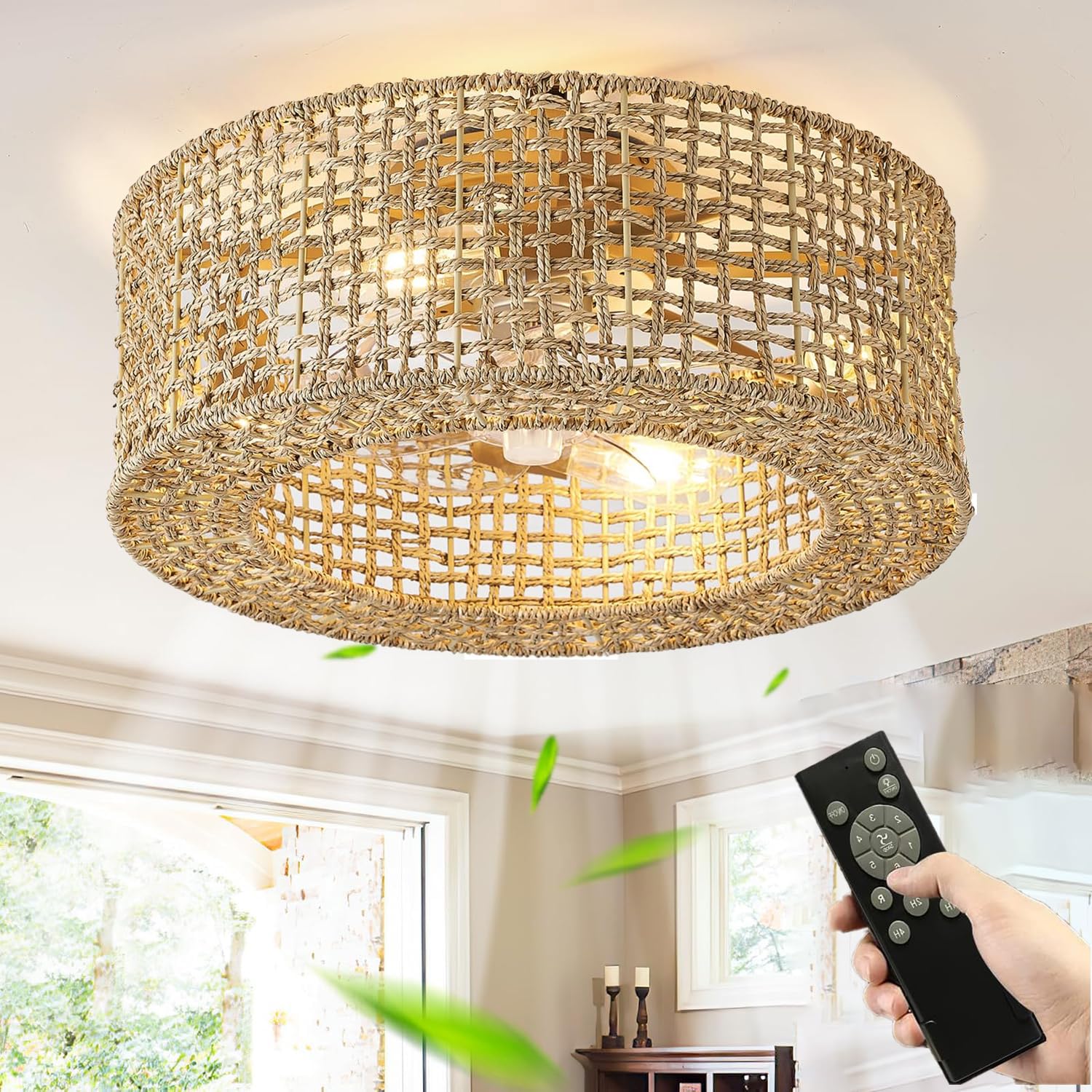 Leise Deckenventilator Mit licht und Fernbedienung Boho Rattan E27 Deckenleuchte Mit Ventilator Und Beleuchtung Retro Industriell Fan Deckenlampe für Schlafzimmer Wohnzimmer 6 Wind Speeds Timer