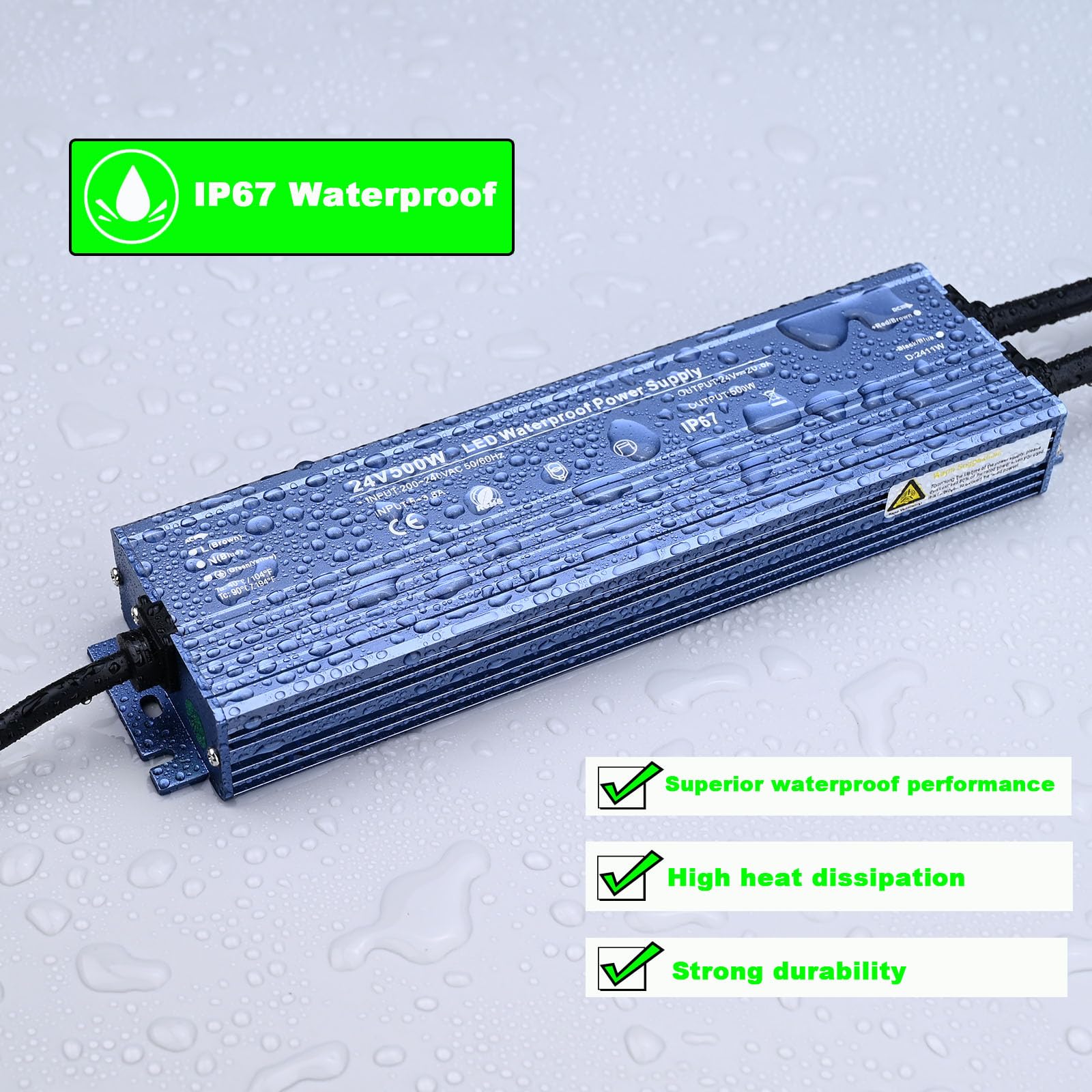 TOPAI Alimentatore 24V 500W CE IP67 Impermeabile, AC 200-240V a DC 24V 20.8A, per Illuminazione Professionale, Strisce LED, Proiettori, Faretto Esterno/Interno