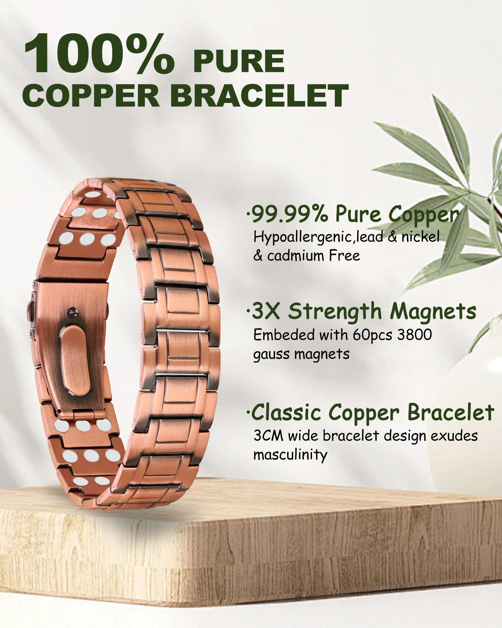 MagEnergy Bracelet en Cuivre à 99,99% pour Homme, Bracelet Magnétique avec Aimants Haute Puissance, Bracelet Réglable avec Outil de Retrait et Écrin Cadeau