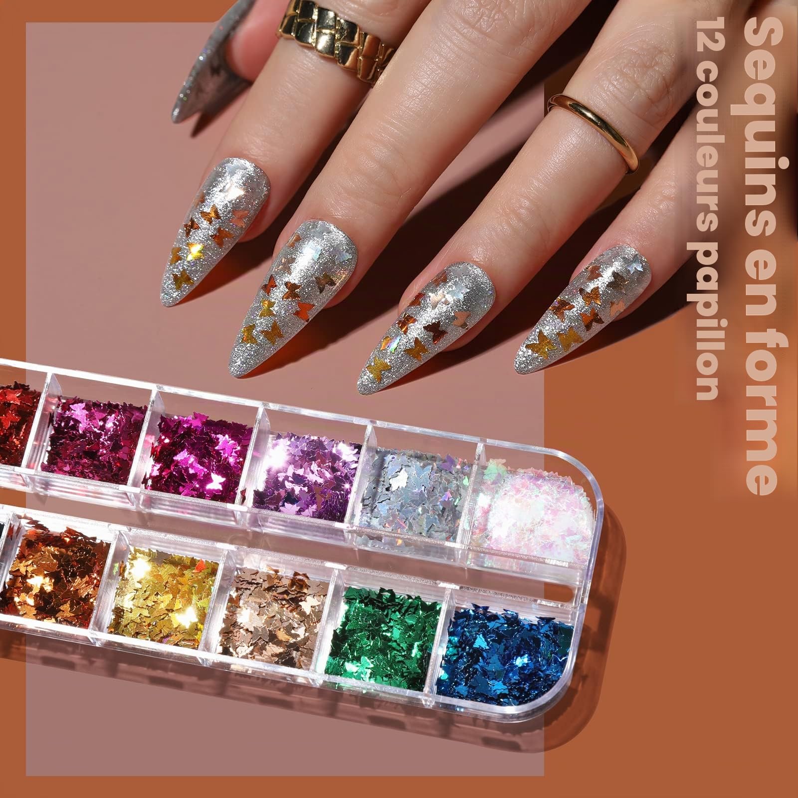 FANDAMEI Kit Nail Art - Pinceaux, Dotting Pens, Autocollants, Strass, Paillettes Papillon, Feuille d'Or pour Décoration d'Ongles (Rose)